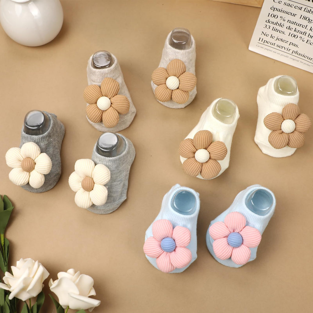 KEAINVRN 4Packs Baby Girls Socks,Flower Non-Slip Grips for Babies Toddler Princess Low Cut Ankle Socks for Girls