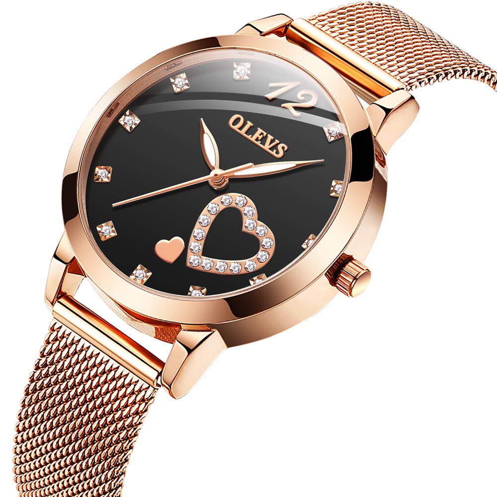 OLEVS Rose Gold Watch for Women Mesh Strap Fashion Dress Hearts Japanese Quartz Waterproof Luminous Ladies Watches Bracelet Sets
