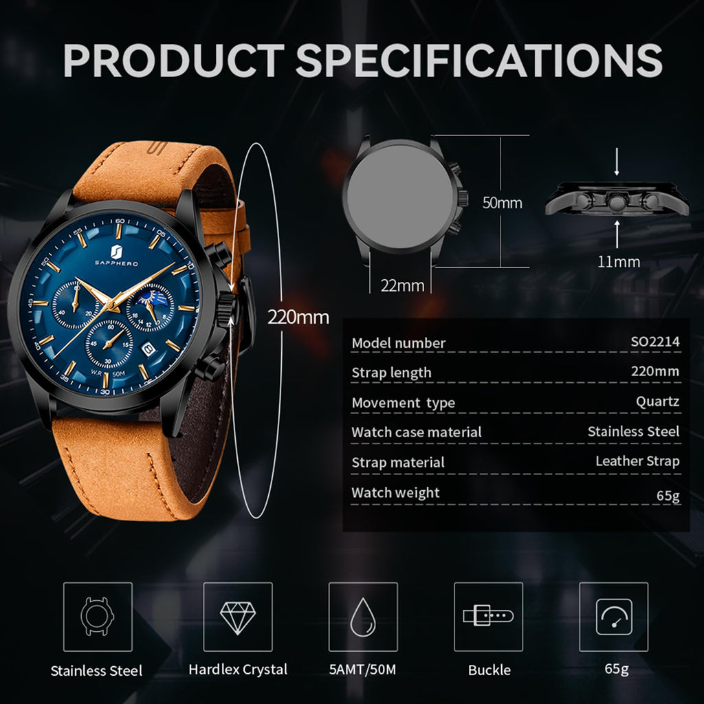 SAPPHERO Chronograph Watches for Men, Original Business Casual Stainless Steel Analog Watch 50M Waterproof Luminous Watches with Date Dial, Mens Gift