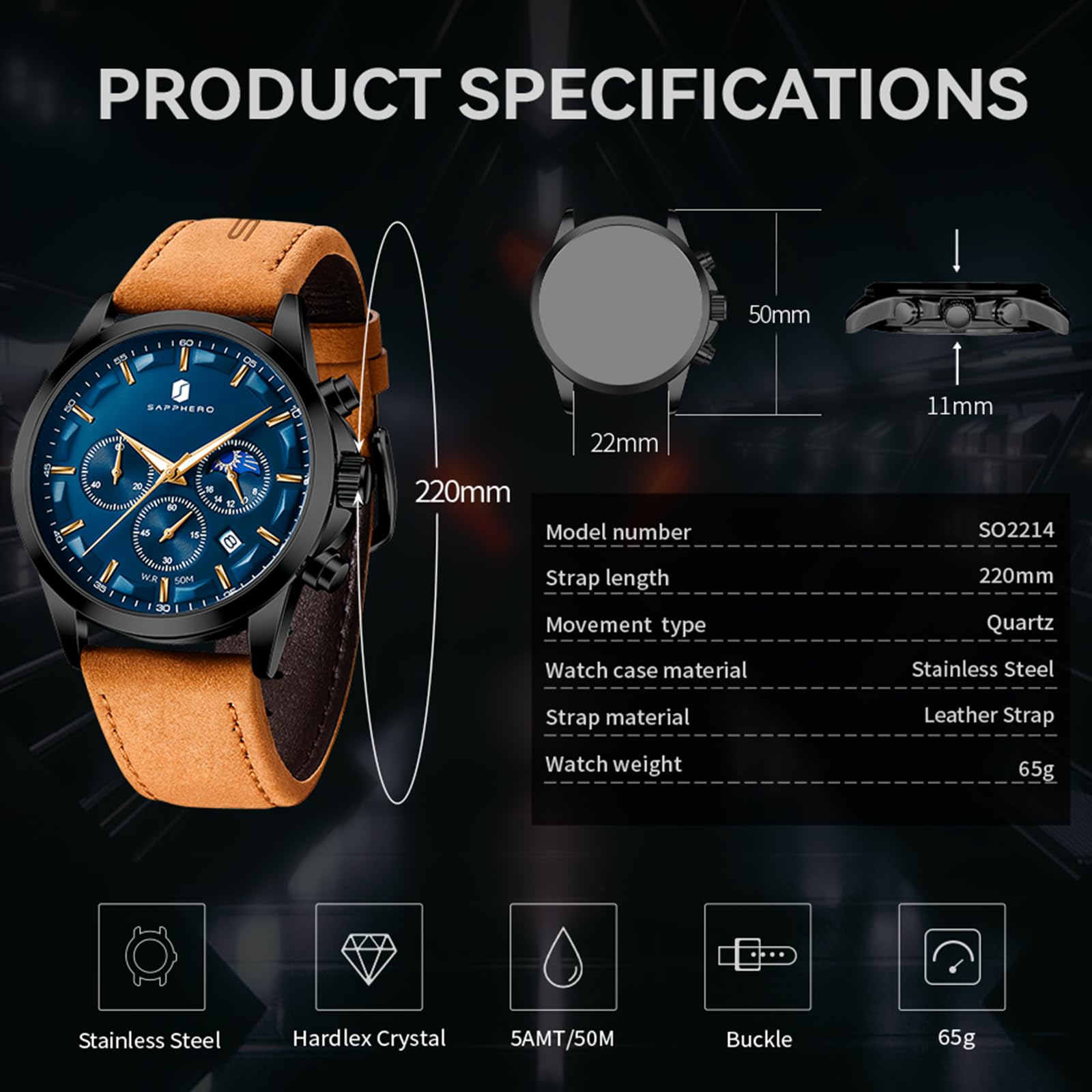 SAPPHERO Chronograph Watches for Men, Original Business Casual Stainless Steel Analog Watch 50M Waterproof Luminous Watches with Date Dial, Mens Gift