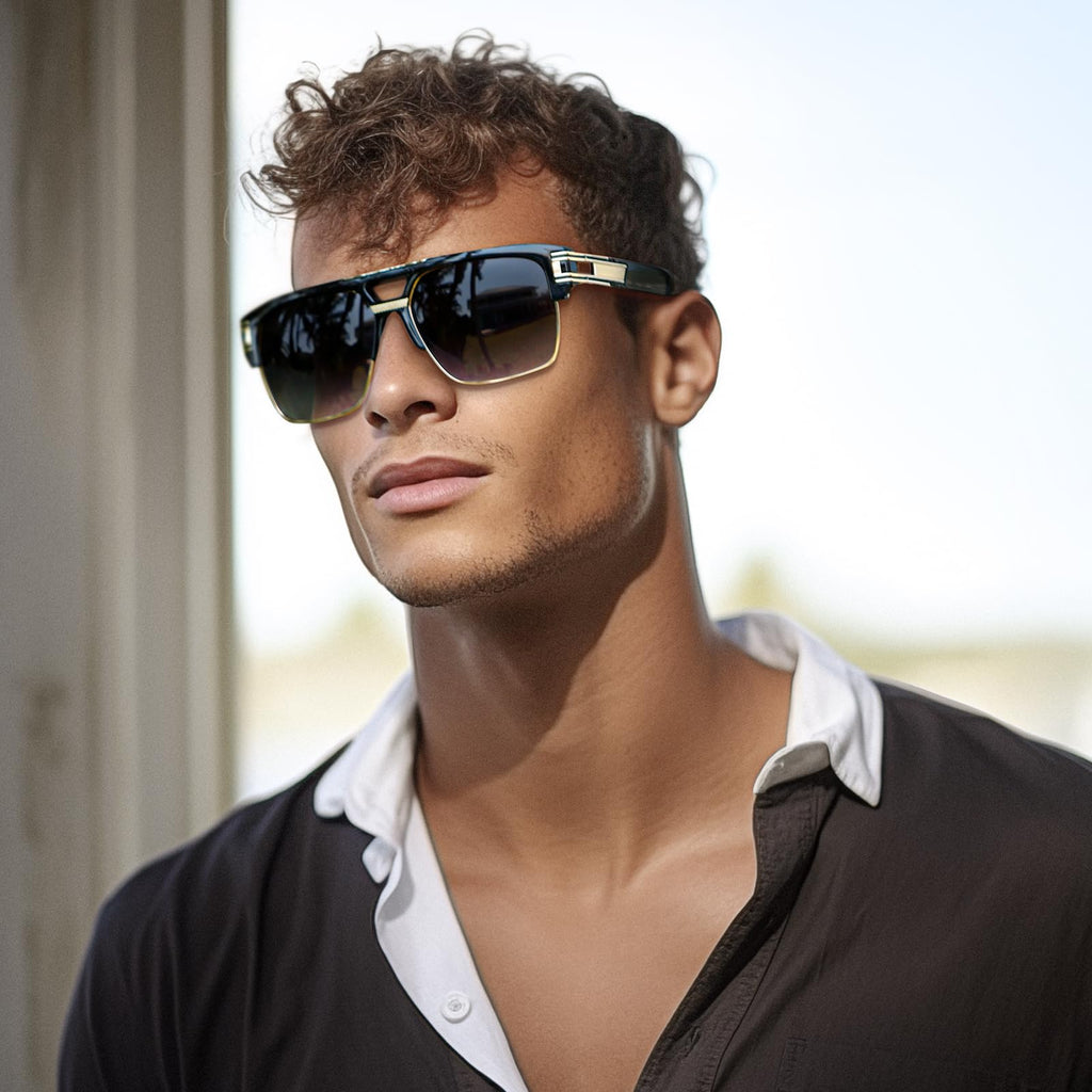 Dollger Square Sunglasses for Men Classic Oversized Sun Glasses Retro Semi Rimless Gold Alloy Frame UV400