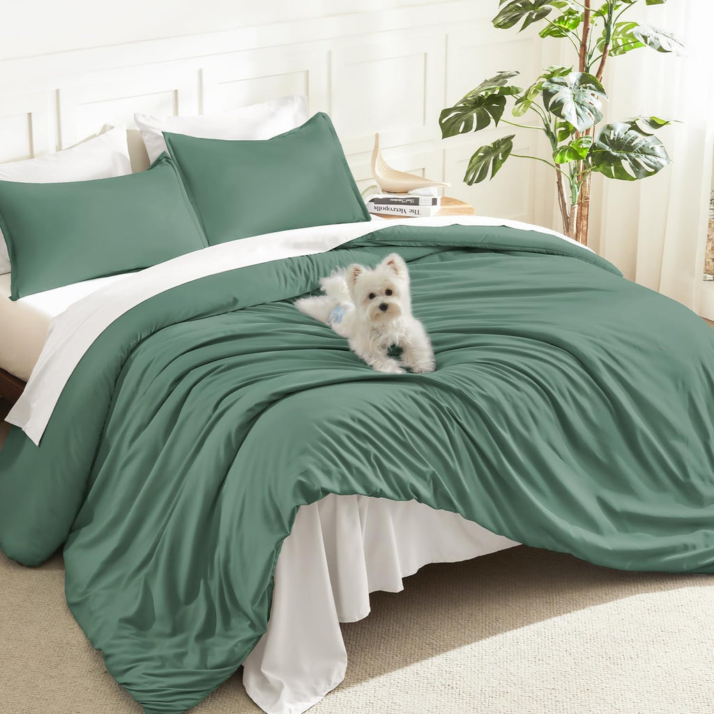 Litanika King Size Comforter Set, 3 Pieces Lightweight Solid Comforter King Size, All Season Fluffy Down Alternative Comforter Bed Set Quilt Blanket, Sage Green, King