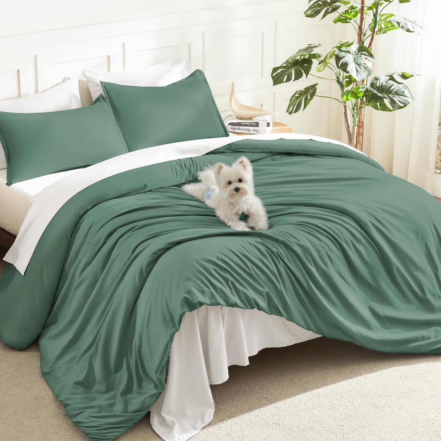 Litanika King Size Comforter Set, 3 Pieces Lightweight Solid Comforter King Size, All Season Fluffy Down Alternative Comforter Bed Set Quilt Blanket, Sage Green, King