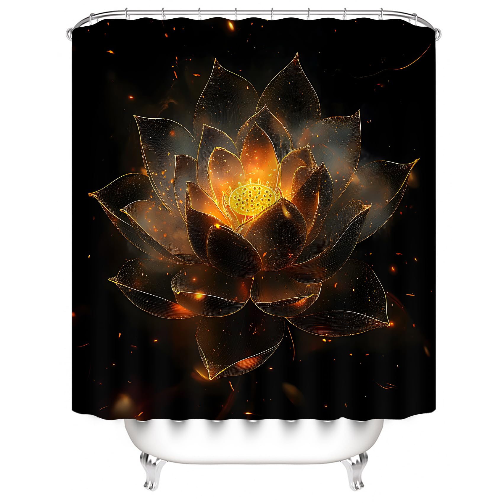 AZHM 4PCS Lotus Shower Curtain Set Black and Gold Flower Bathroom Decor Sets with Shower Curtain and Rugs and Accessories with 12 Hooks for Toilet
