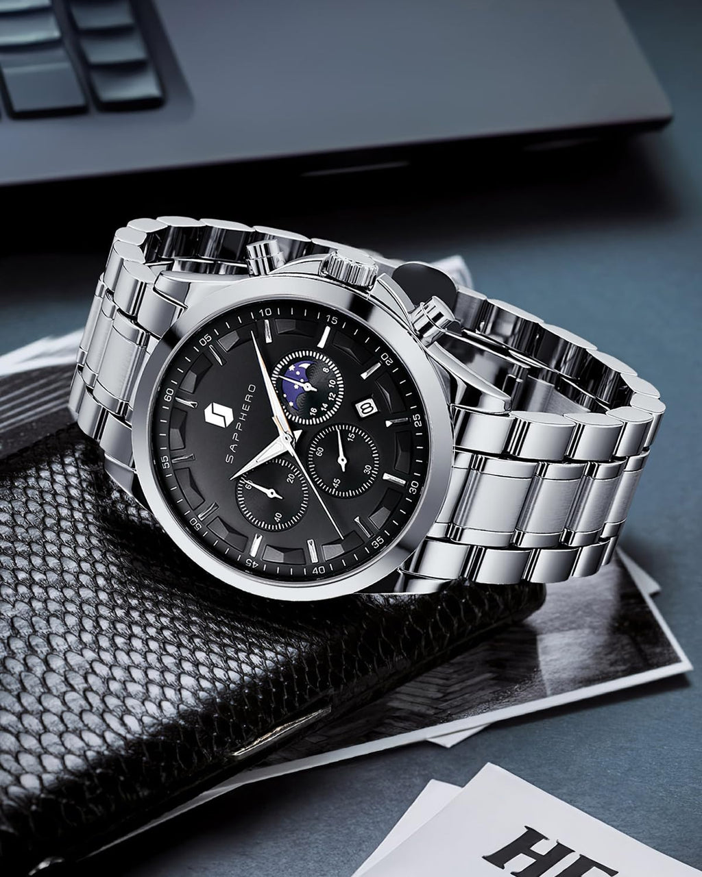 SAPPHERO Chronograph Watches for Men, Original Business Casual Stainless Steel Analog Watch 50M Waterproof Luminous Watches with Date Dial, Mens Gift