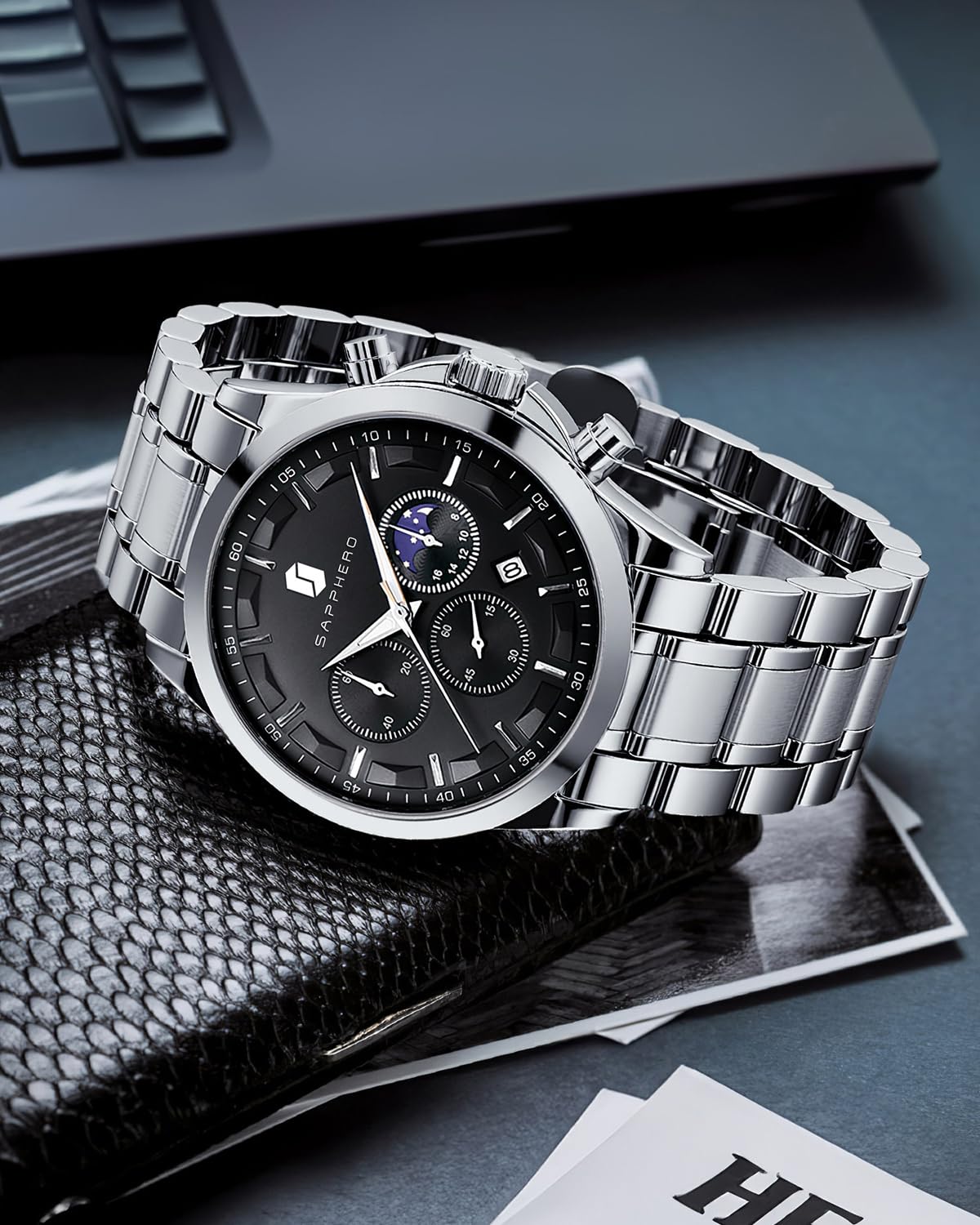 SAPPHERO Chronograph Watches for Men, Original Business Casual Stainless Steel Analog Watch 50M Waterproof Luminous Watches with Date Dial, Mens Gift