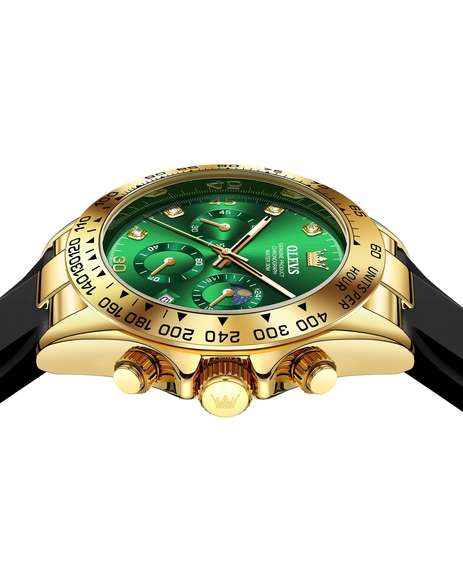 OLEVS Men Analog Quartz Waterproof Watches Multifunction Chronograph Diamond Moon Phase Luminous Silicone Band Wrist Watches