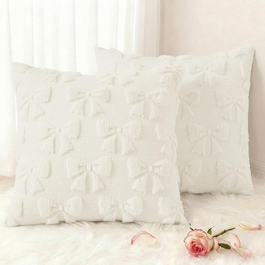 decorUhome Throw Pillow Covers 18x18 Inch Set of 2, Soft Plush Faux Wool Cream White Solid Couch Pillow Covers, Accent Farmhouse Neutral Square Pillow Cases for Sofa Bed Living Room