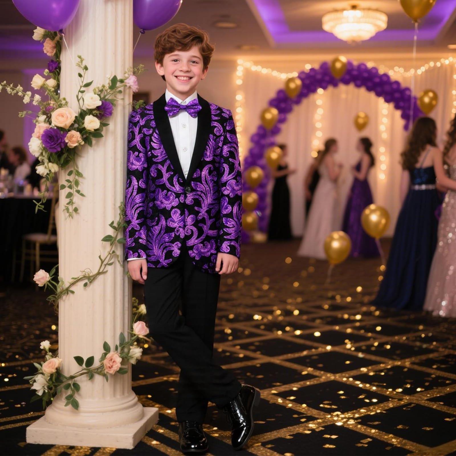 Lamgool Boys Tuxedo Suit Slim Fit Formal Set 2 Pieces with Floral Jacquard Sequin Blazer Black Pants for Kids Prom Wedding
