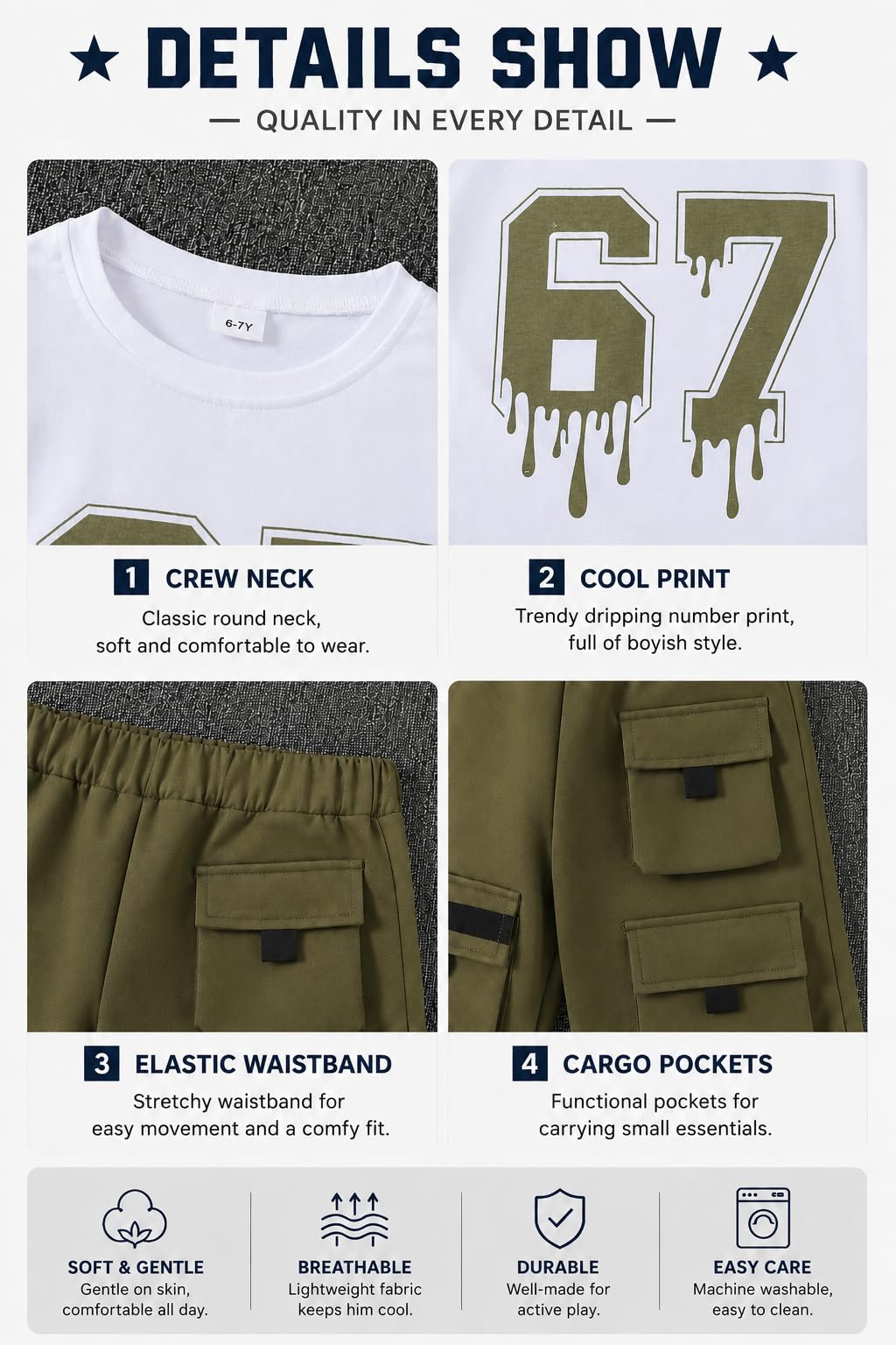 Azmxynol Tween Boys Clothes Daily Casual Short Sleeve Top + Cargo Shorts 2 Pieces Outfit Set, Size 6-14 Years