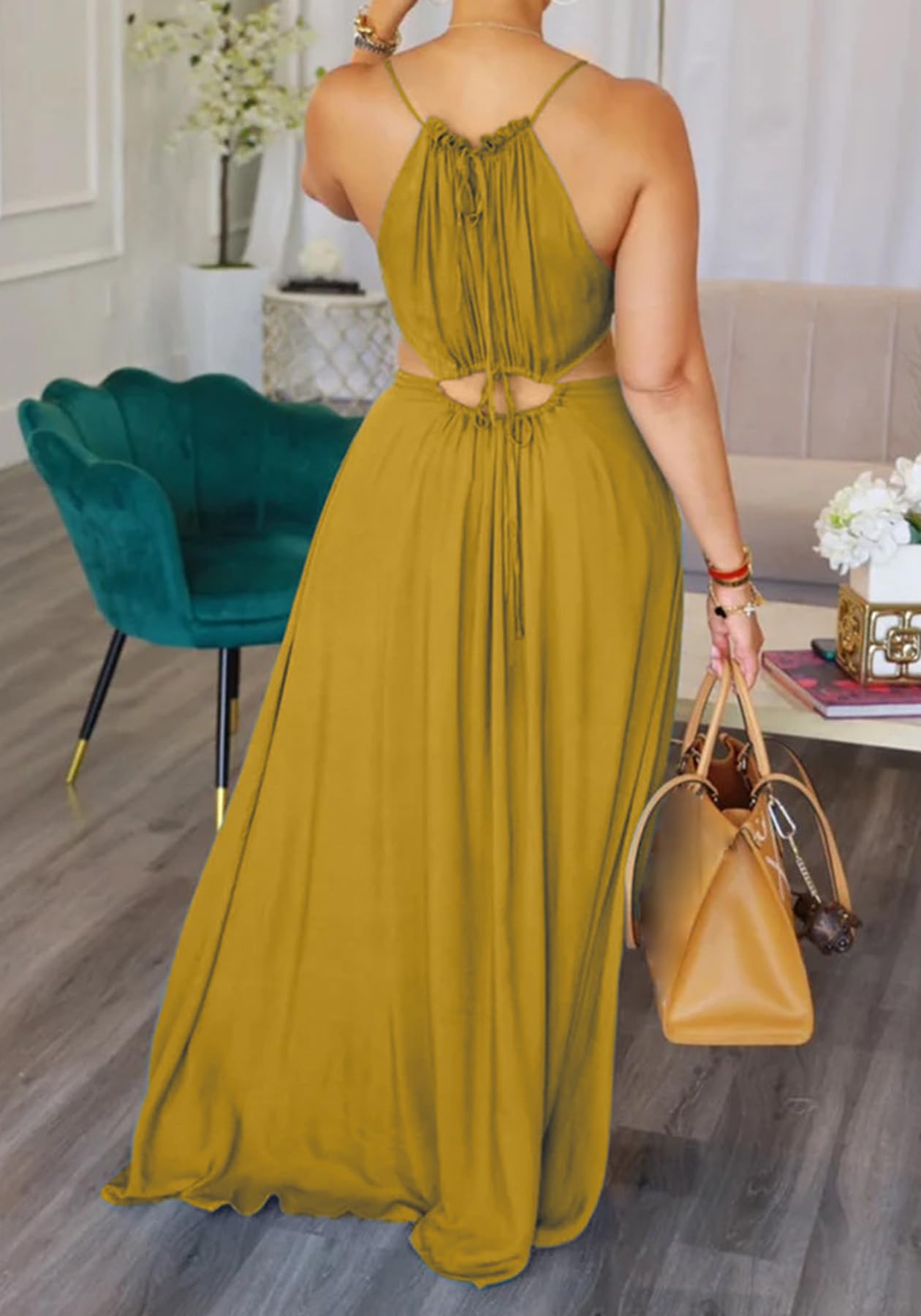 Geulis 2026 Women Summer Beach Dresses Sexy Cut Out Sleeveless Spaghetti Strap Halter Dress Flowy Maxi Vacation Dress