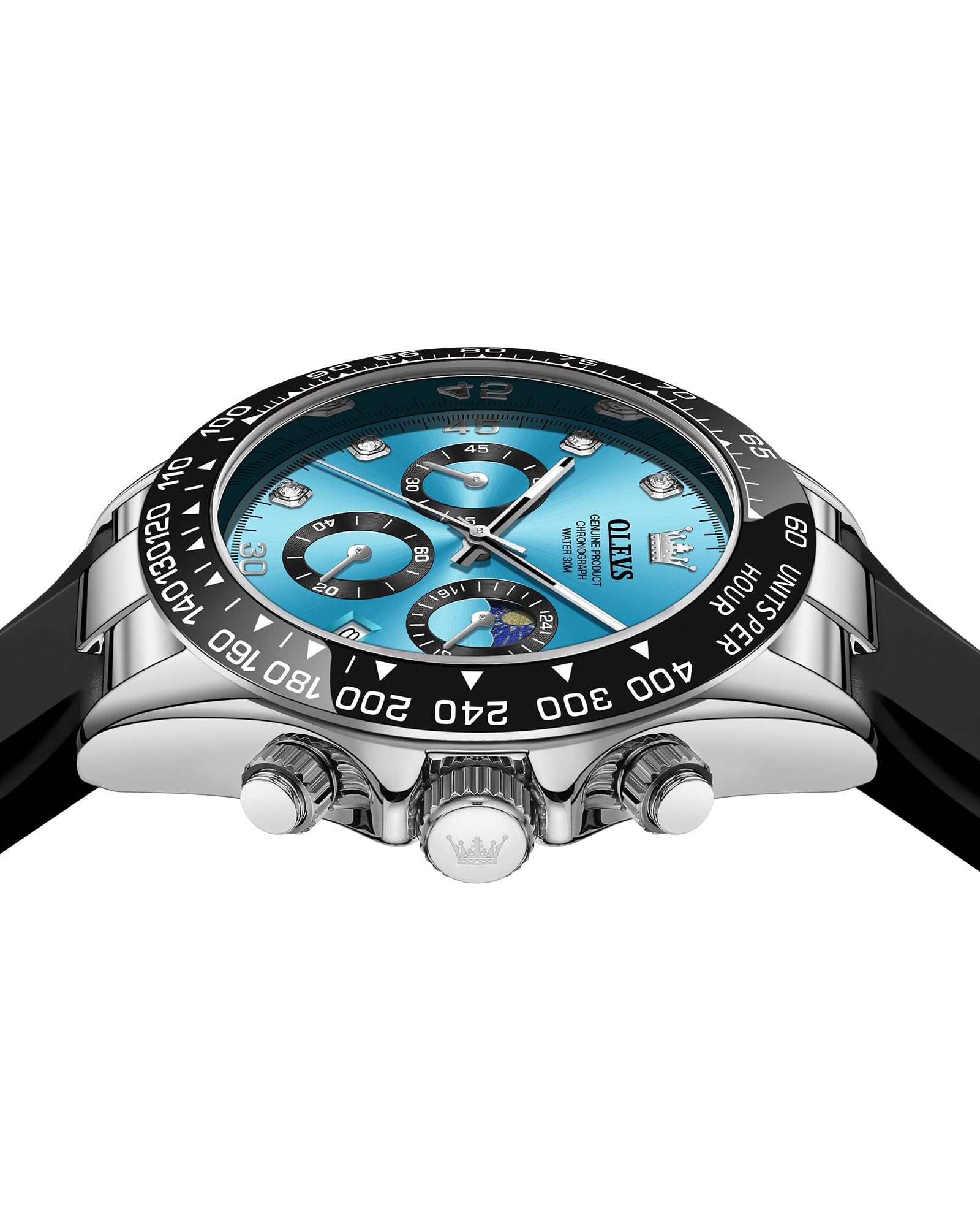 OLEVS Men Analog Quartz Waterproof Watches Multifunction Chronograph Diamond Moon Phase Luminous Silicone Band Wrist Watches