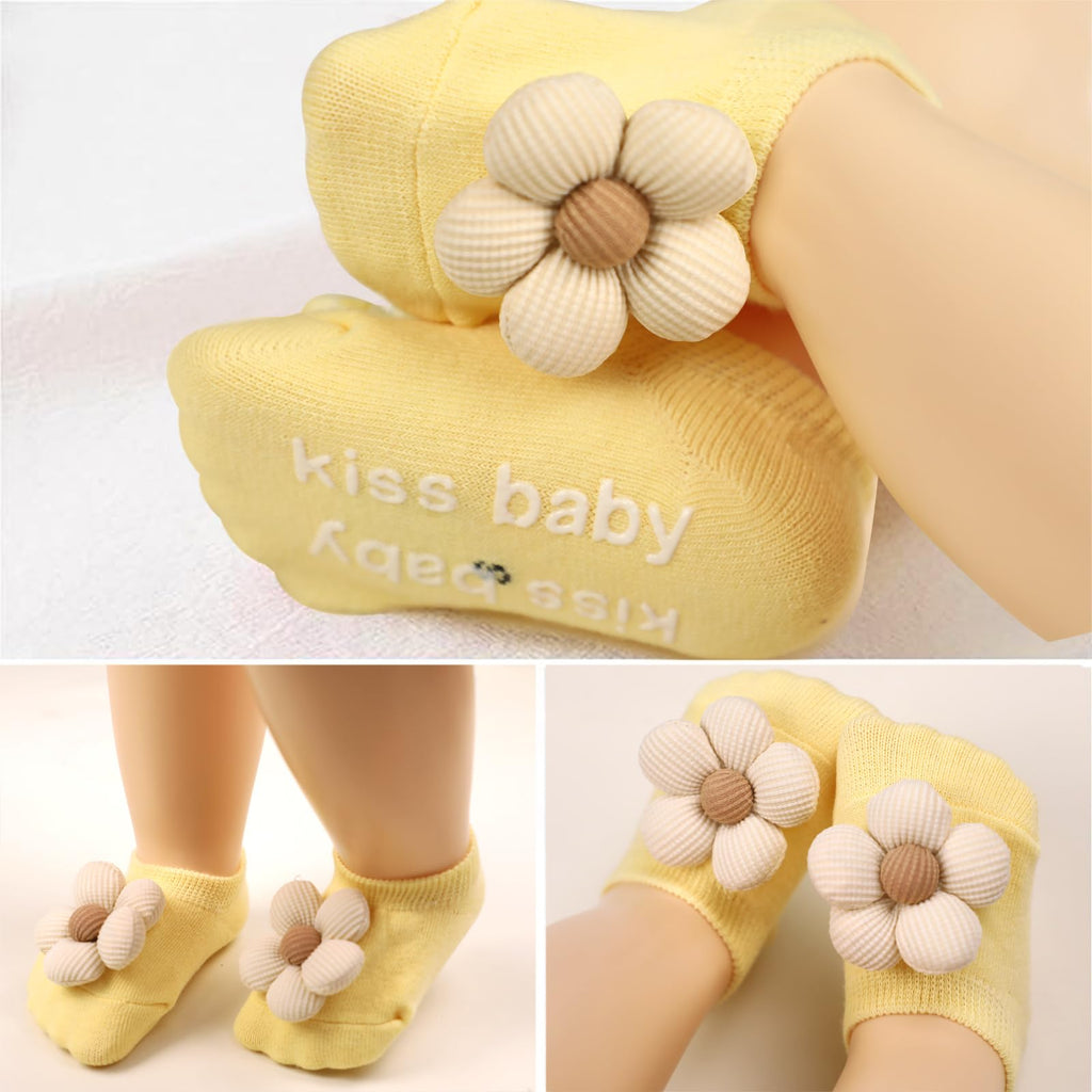 KEAINVRN 4Packs Baby Girls Socks,Flower Non-Slip Grips for Babies Toddler Princess Low Cut Ankle Socks for Girls