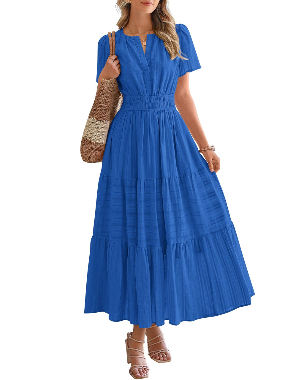 BTFBM Womens Summer 2026 Casual Midi Maxi Dresses Lightweight Short Sleeve V Neck Elastic Waist Boho Beach Dress Pockets