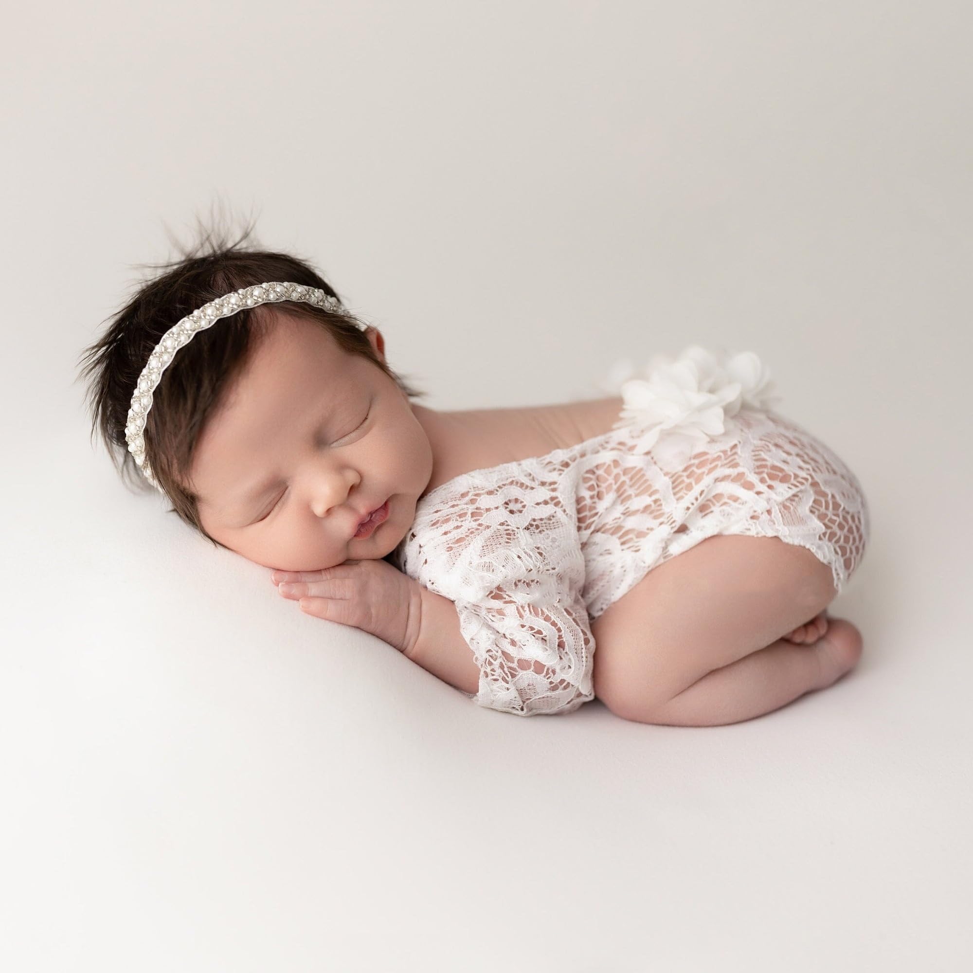 Newborn Lace Romper, 2 PCS Baby Girl Photography Props, Newborn Girl Photography Outfits with Flower Headband for Infants
