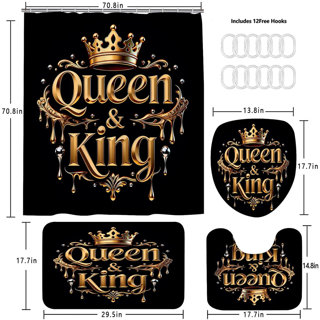 AZHM Golden Crown Print Shower Curtain Set Black Luxury Bathroom Accessories Sets with Shower Curtain and Rugs