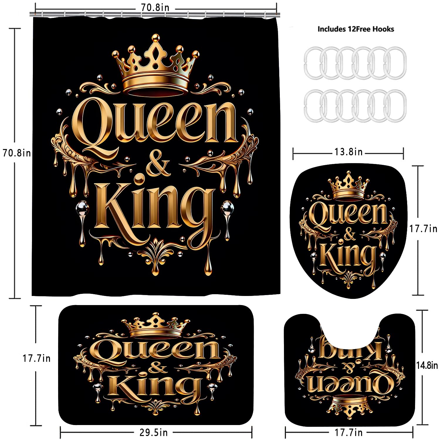 AZHM Golden Crown Print Shower Curtain Set Black Luxury Bathroom Accessories Sets with Shower Curtain and Rugs