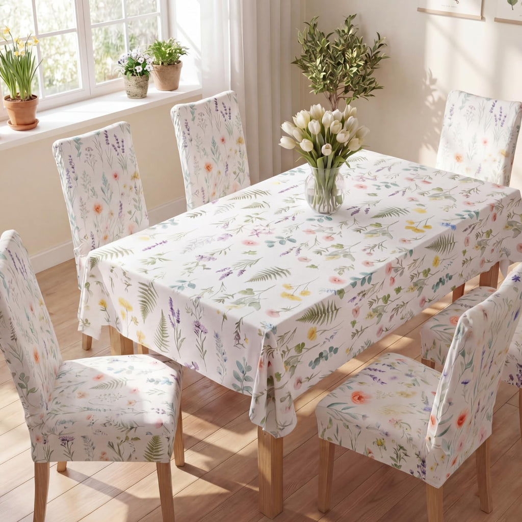 7 Pcs Sunflower Chair Covers and Tablecloth Set 60 x 84 Inch Waterproof Stain Rectangular Table Cover with Stretchable Removable Chair Slipcovers for Dining Room Kitchen Patio Summer Parties