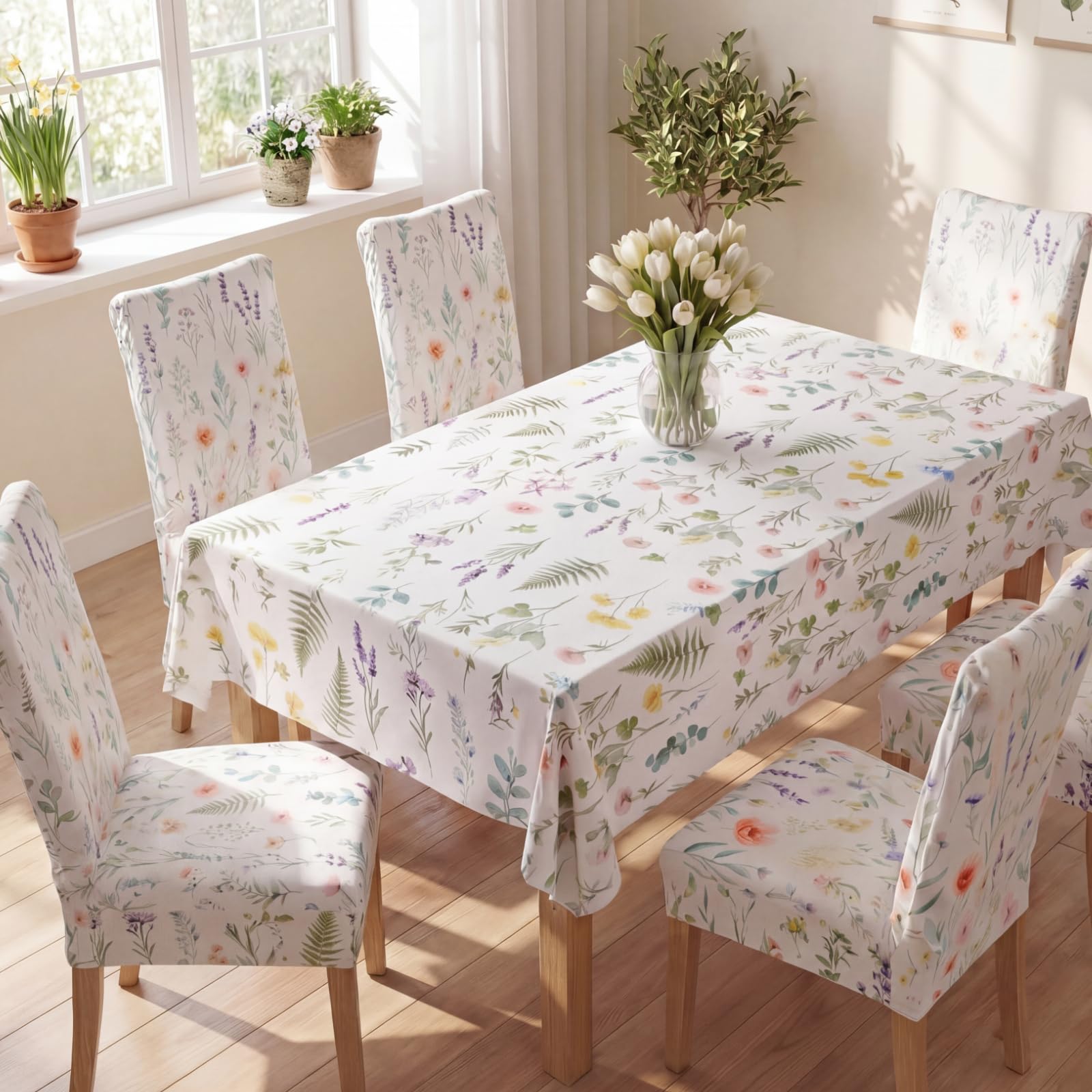 7 Pcs Sunflower Chair Covers and Tablecloth Set 60 x 84 Inch Waterproof Stain Rectangular Table Cover with Stretchable Removable Chair Slipcovers for Dining Room Kitchen Patio Summer Parties