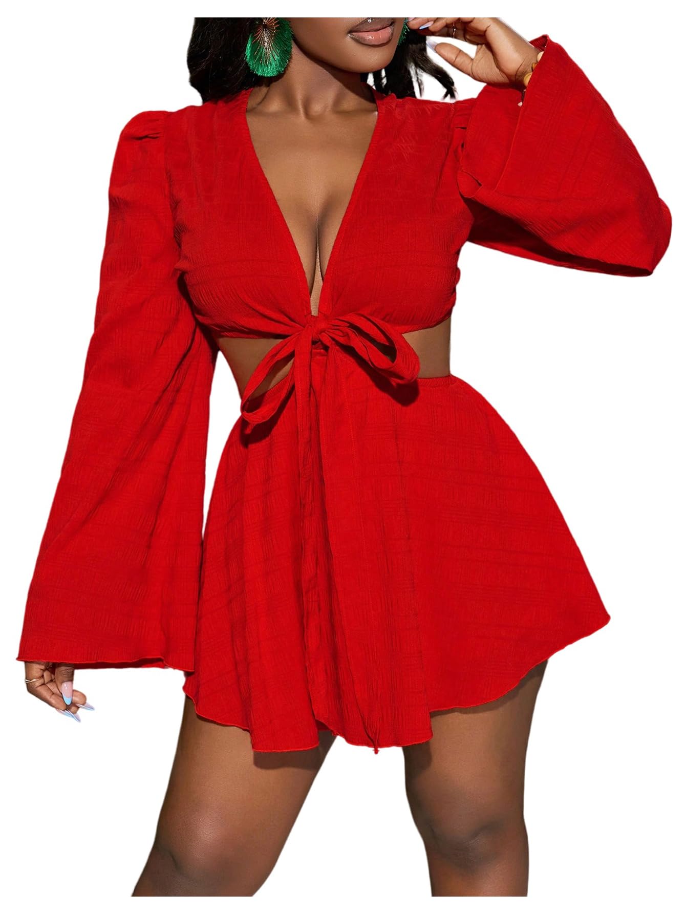 BEAUDRM Women's Tropical Dresses Summer Dress Vacation Beach Sundresses Sexy Long Bell Sleeve Two Piece Vacation Outfits