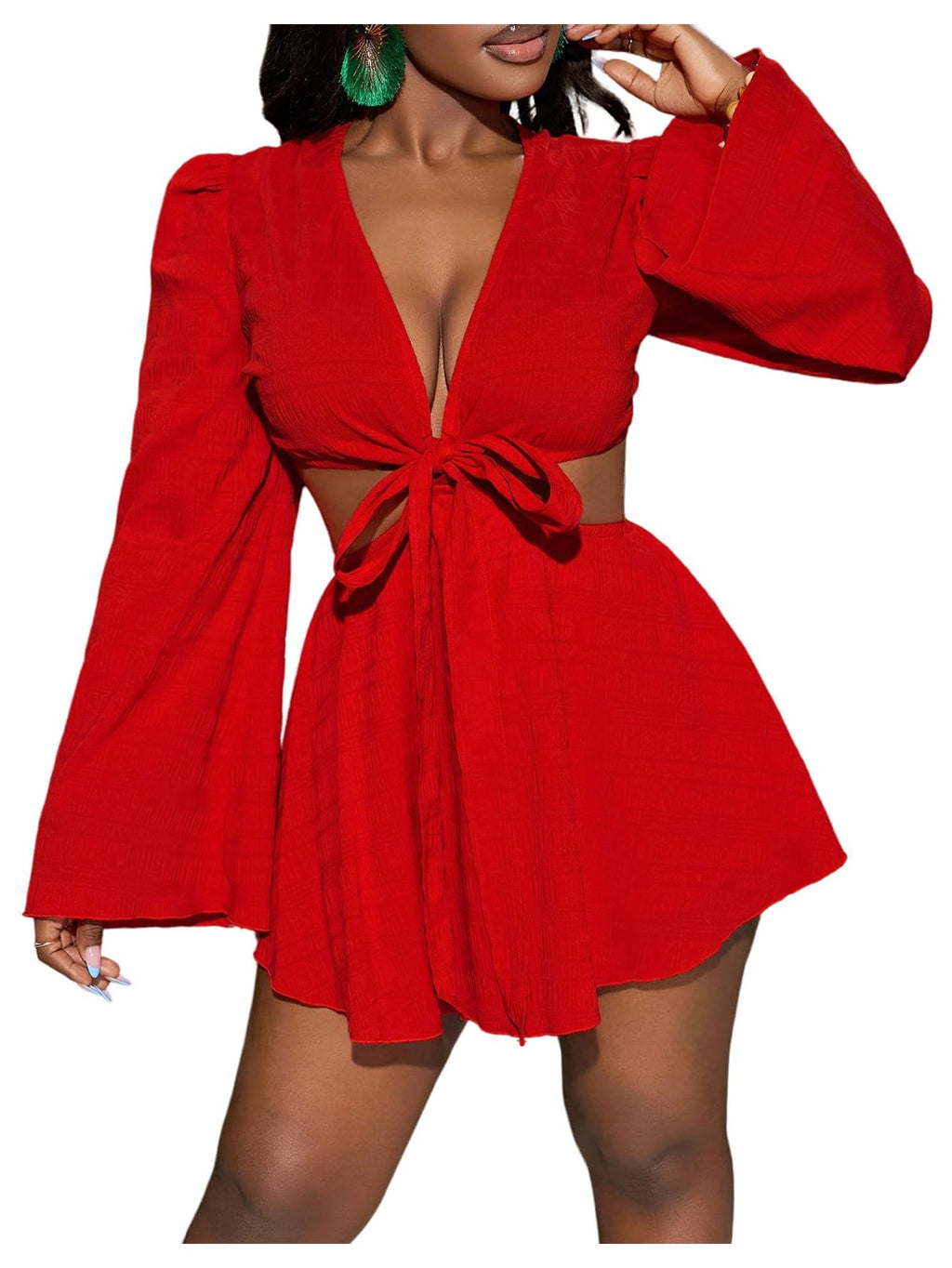 BEAUDRM Women's Tropical Dresses Summer Dress Vacation Beach Sundresses Sexy Long Bell Sleeve Two Piece Vacation Outfits
