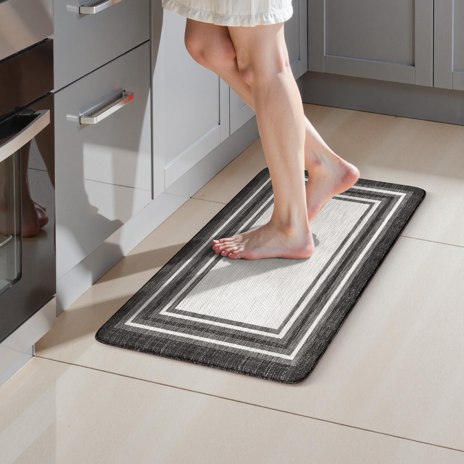 KIMODE Kitchen Mats 2PCS,Cushioned Anti Fatigue Kitchen Rugs and Mats,Non Skid Waterproof Kitchen Mats for Floor,Comfort Foam Standing Mat for Home Decor, Office,Sink,Laundry Room,Desk,Black and White