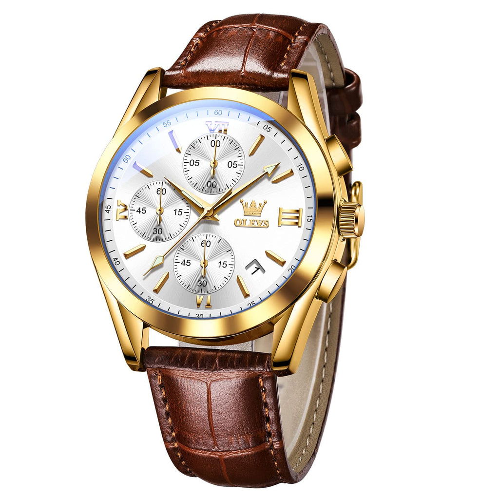 OLEVS Men's Casual Leather Watch, Big Face Chronograph Watch for Men, Fashion Easy to Read Dress Watch, Men's Waterproof Luminous Date Analog Watch, Gold/Black/White/Blue Dial