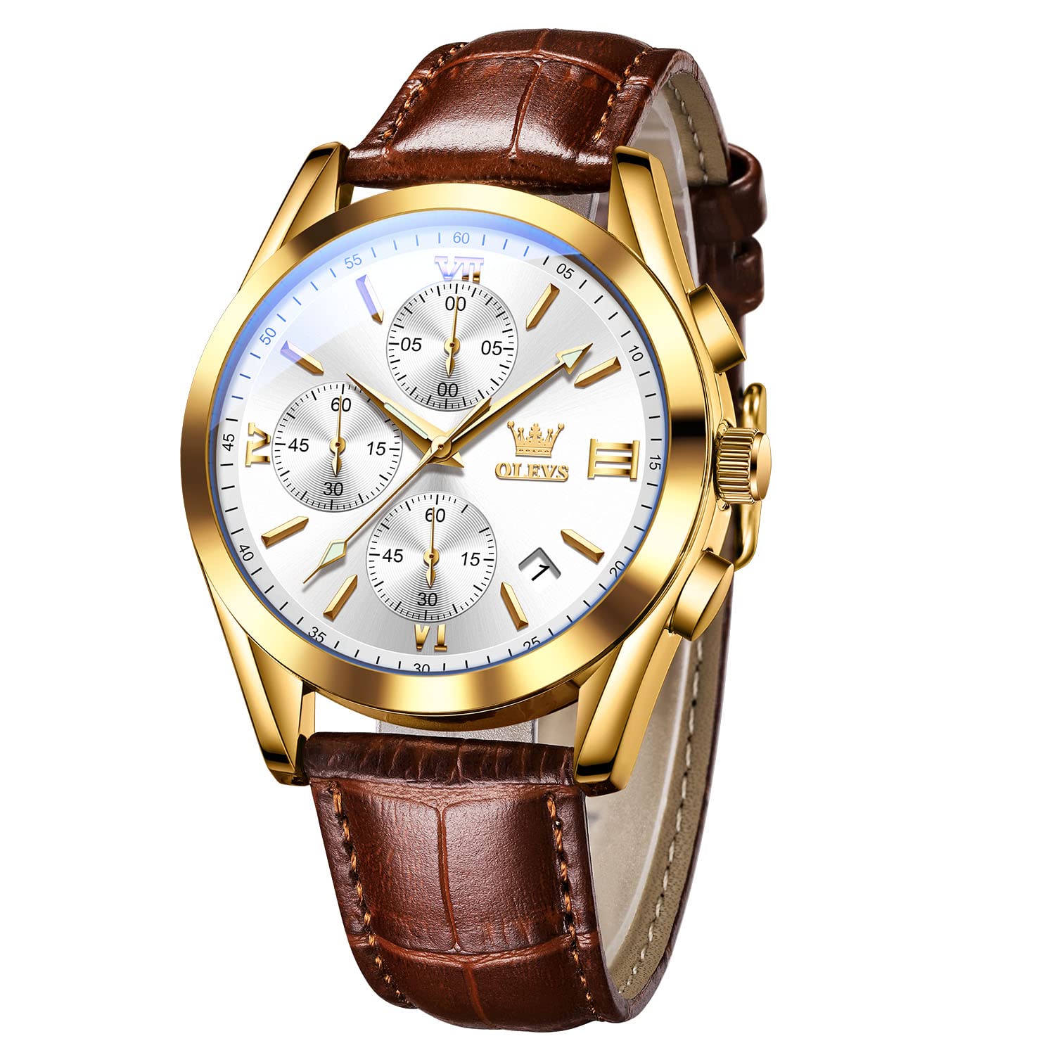 OLEVS Men's Casual Leather Watch, Big Face Chronograph Watch for Men, Fashion Easy to Read Dress Watch, Men's Waterproof Luminous Date Analog Watch, Gold/Black/White/Blue Dial