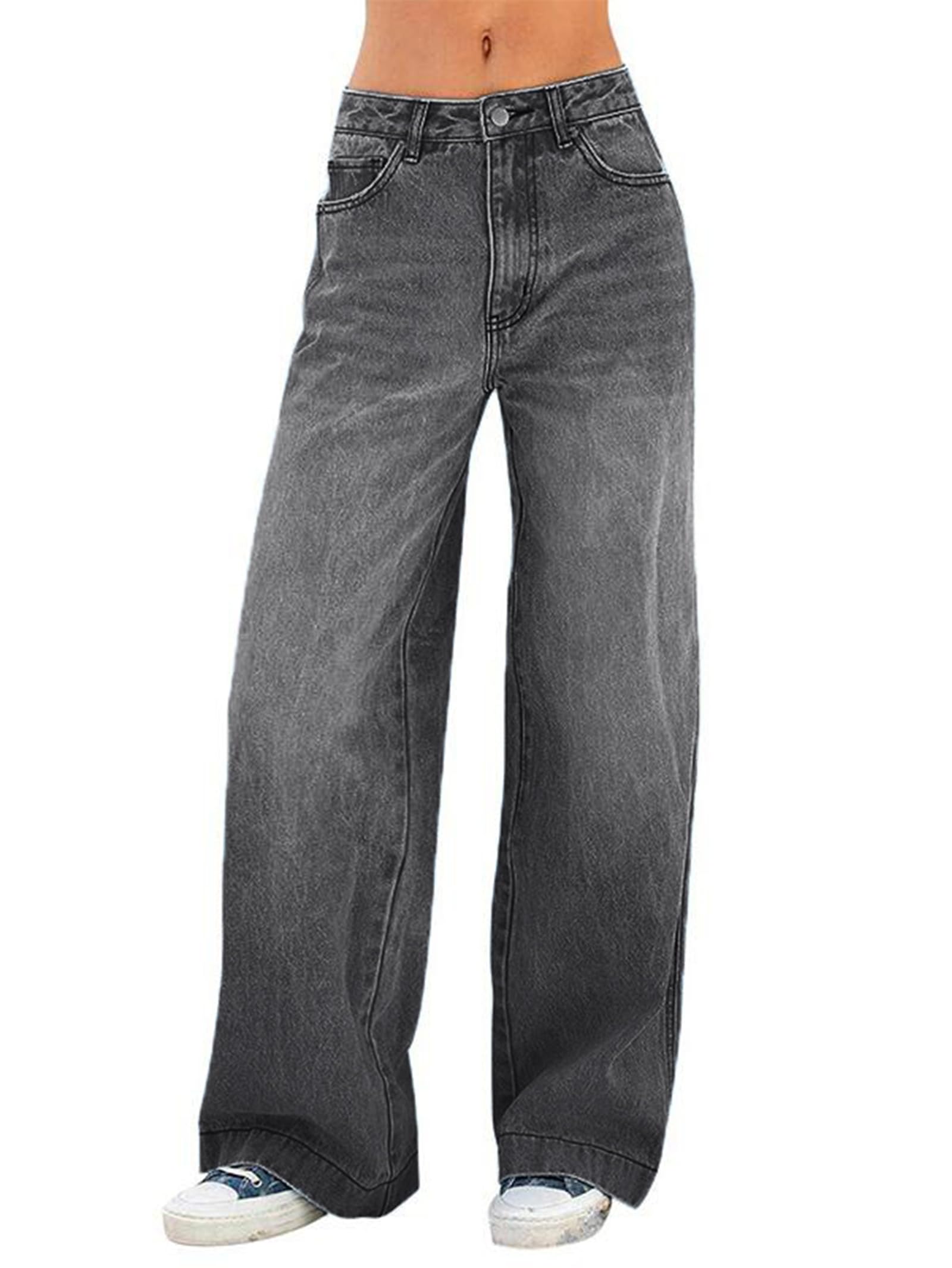 EMMIOL Women Baggy Jeans Mid-Low Waist Boyfriend Streetwear Vintage Jeans Wide Leg Denim Pants