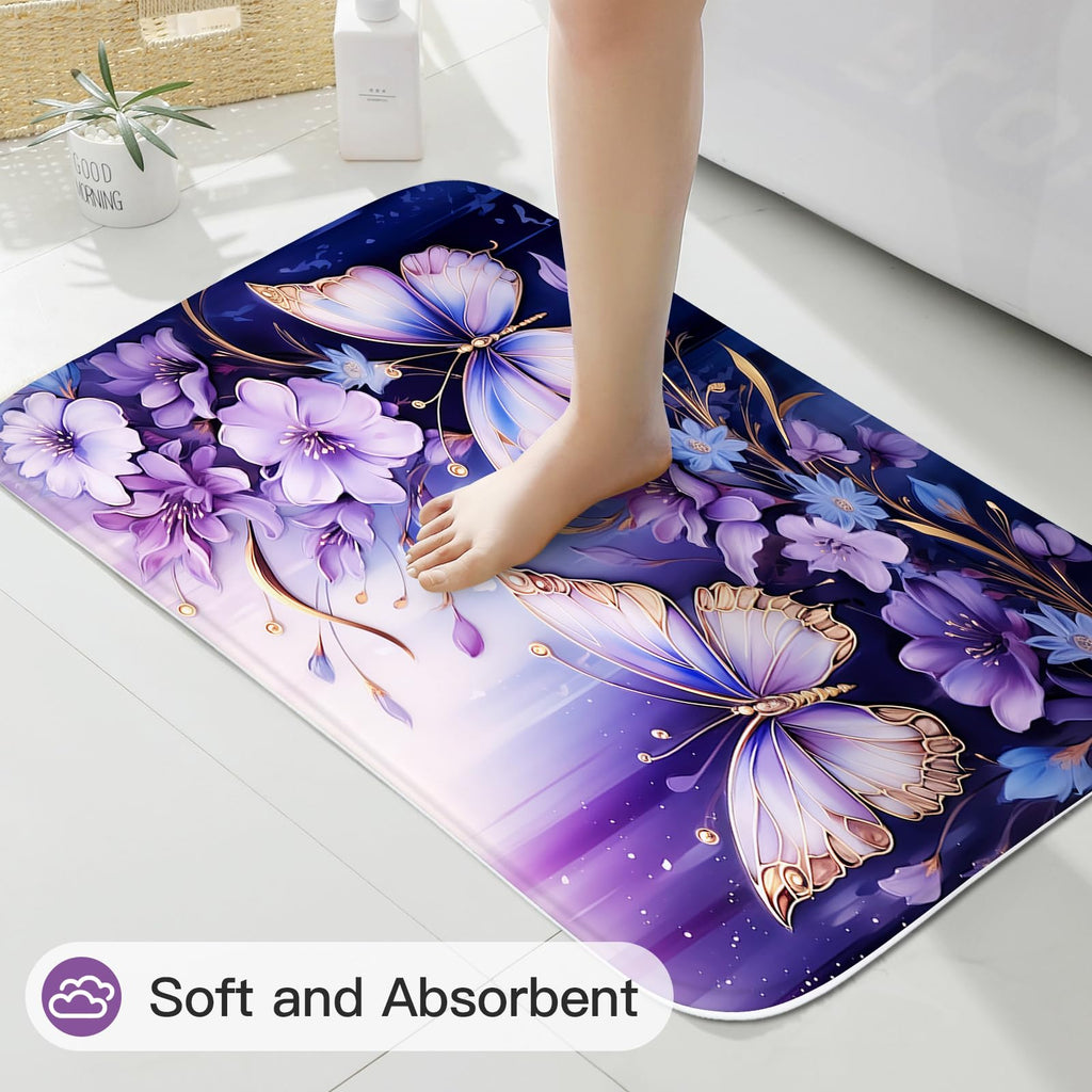Litabel 4 Pcs Black Floral Butterfly Shower Curtain Set with Non-Slip Rugs, White Gold Modern Toilet Lid Cover and Bath Mat, Elegant Bathroom Decor Set (Hooks Not Included)