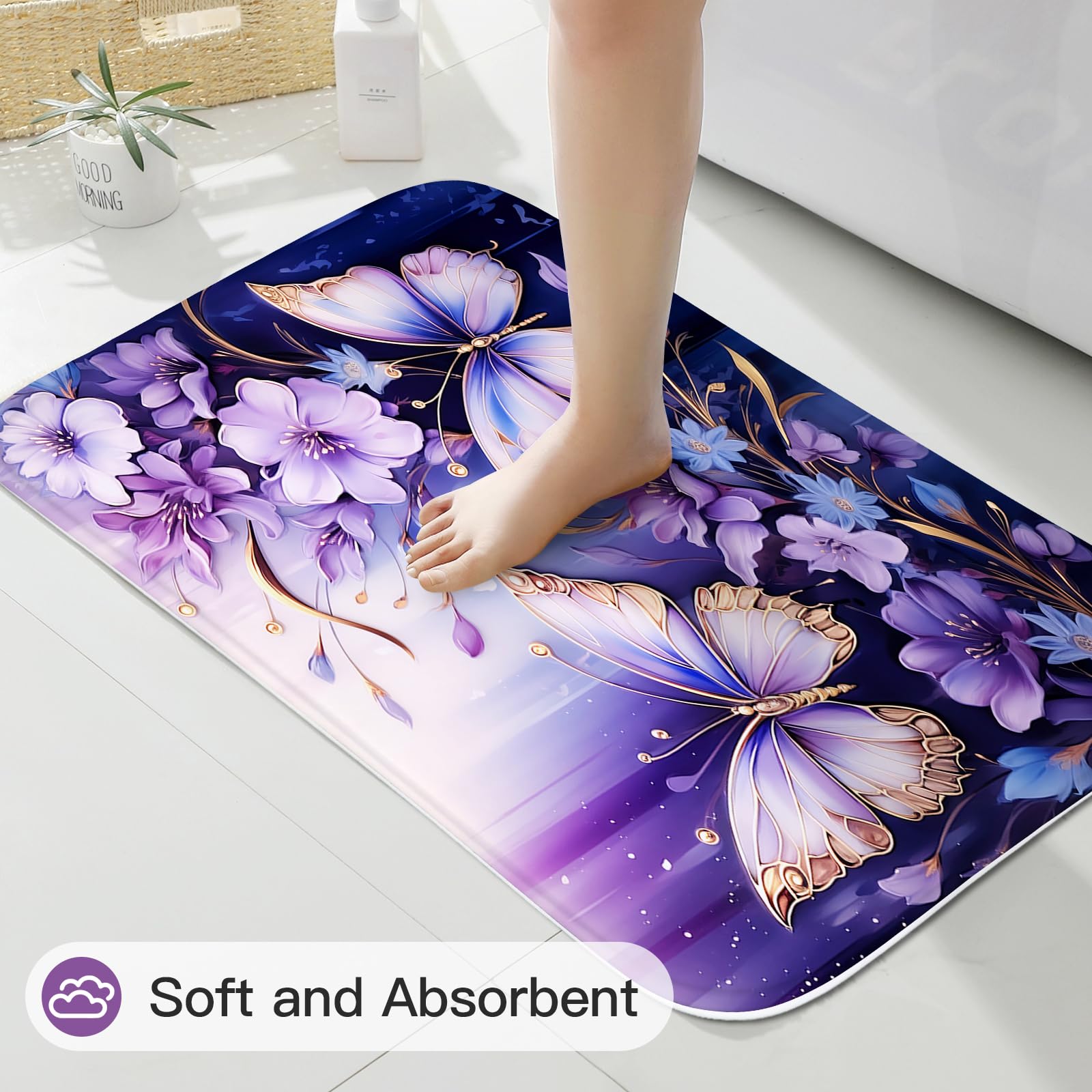 Litabel 4 Pcs Black Floral Butterfly Shower Curtain Set with Non-Slip Rugs, White Gold Modern Toilet Lid Cover and Bath Mat, Elegant Bathroom Decor Set (Hooks Not Included)