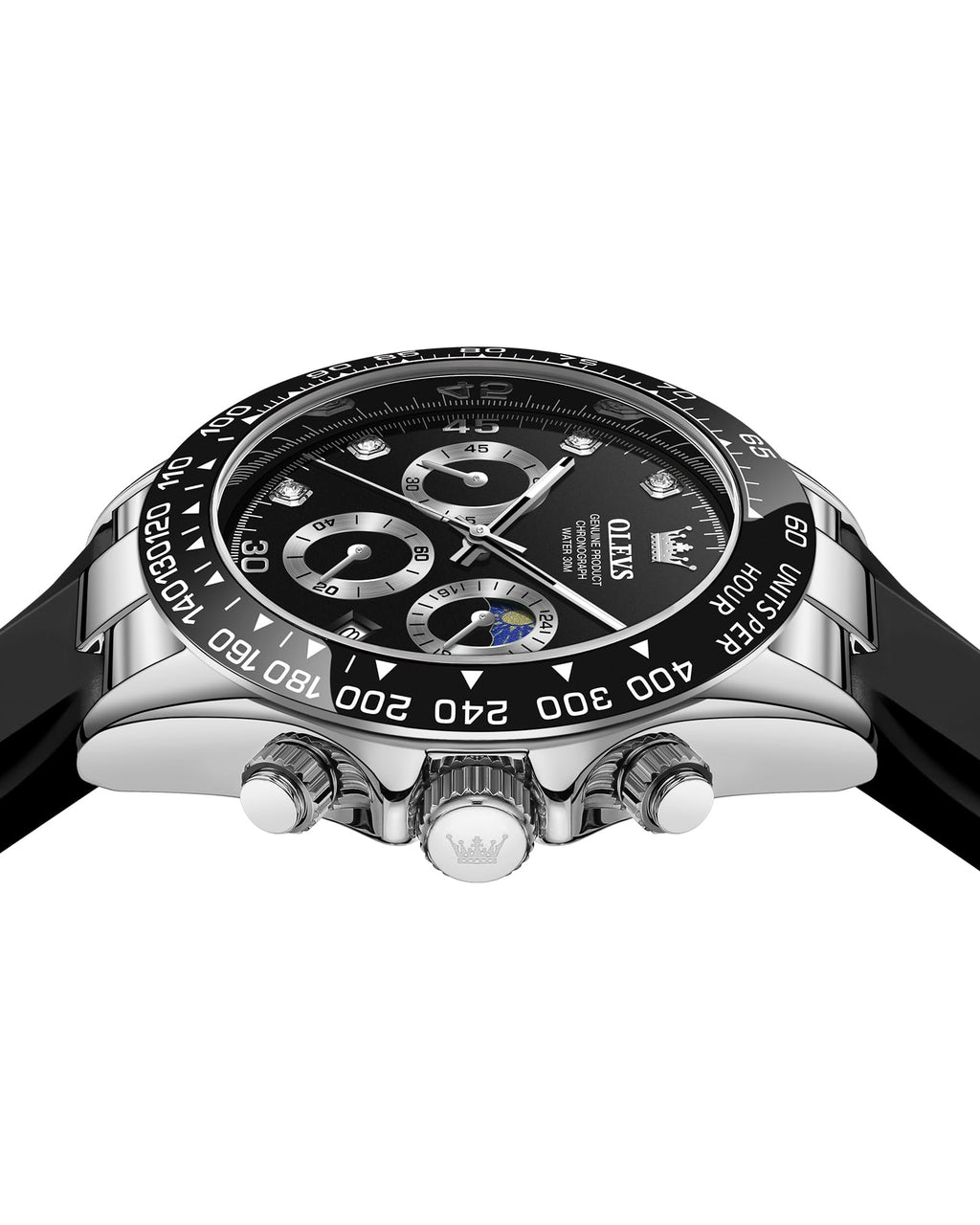 OLEVS Men Analog Quartz Waterproof Watches Multifunction Chronograph Diamond Moon Phase Luminous Silicone Band Wrist Watches