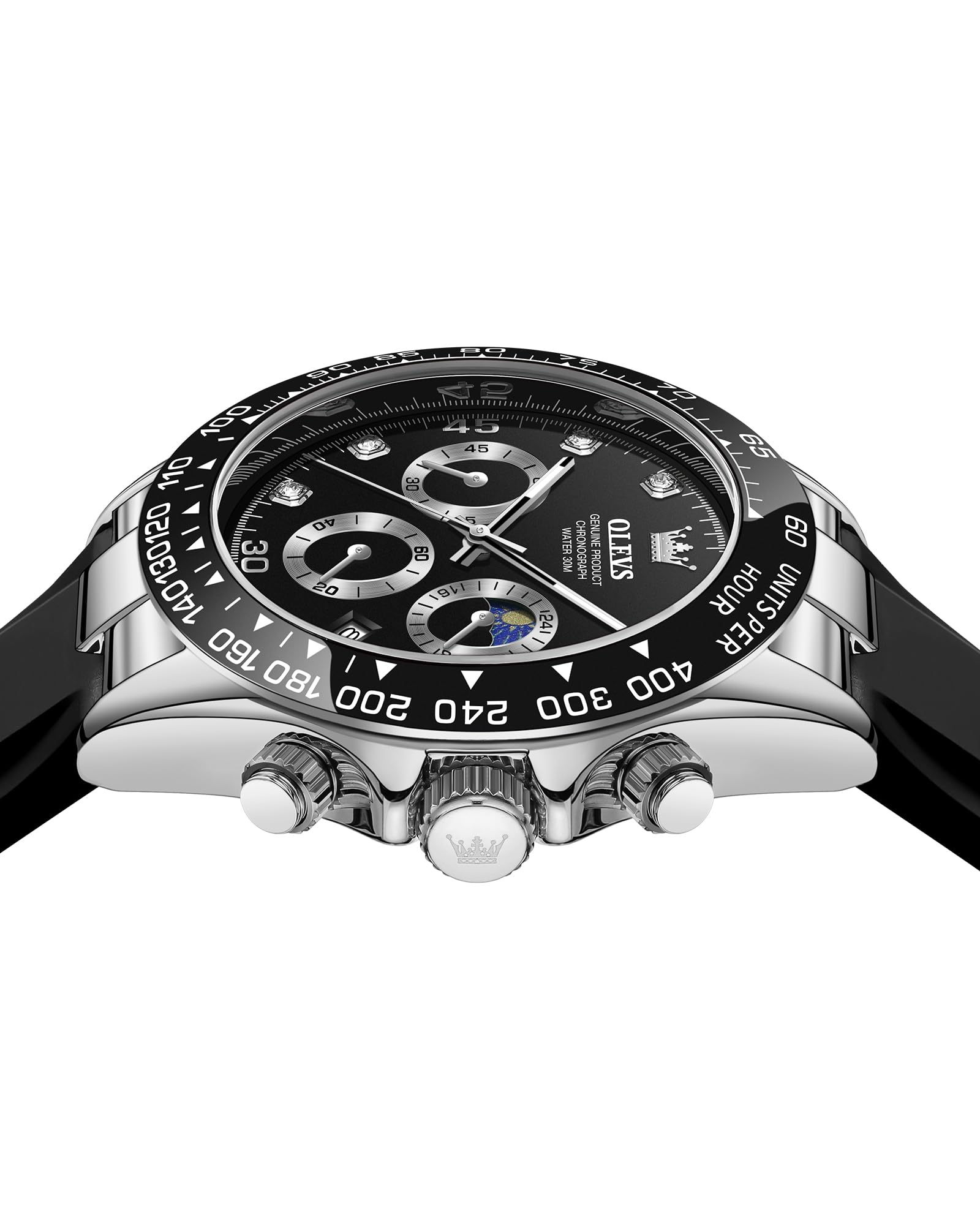 OLEVS Men Analog Quartz Waterproof Watches Multifunction Chronograph Diamond Moon Phase Luminous Silicone Band Wrist Watches