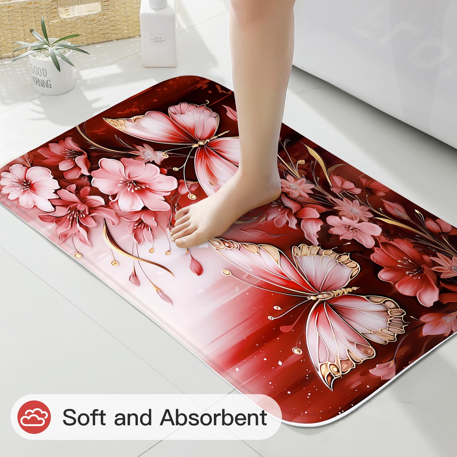 Litabel 4 Pcs Black Floral Butterfly Shower Curtain Set with Non-Slip Rugs, White Gold Modern Toilet Lid Cover and Bath Mat, Elegant Bathroom Decor Set (Hooks Not Included)