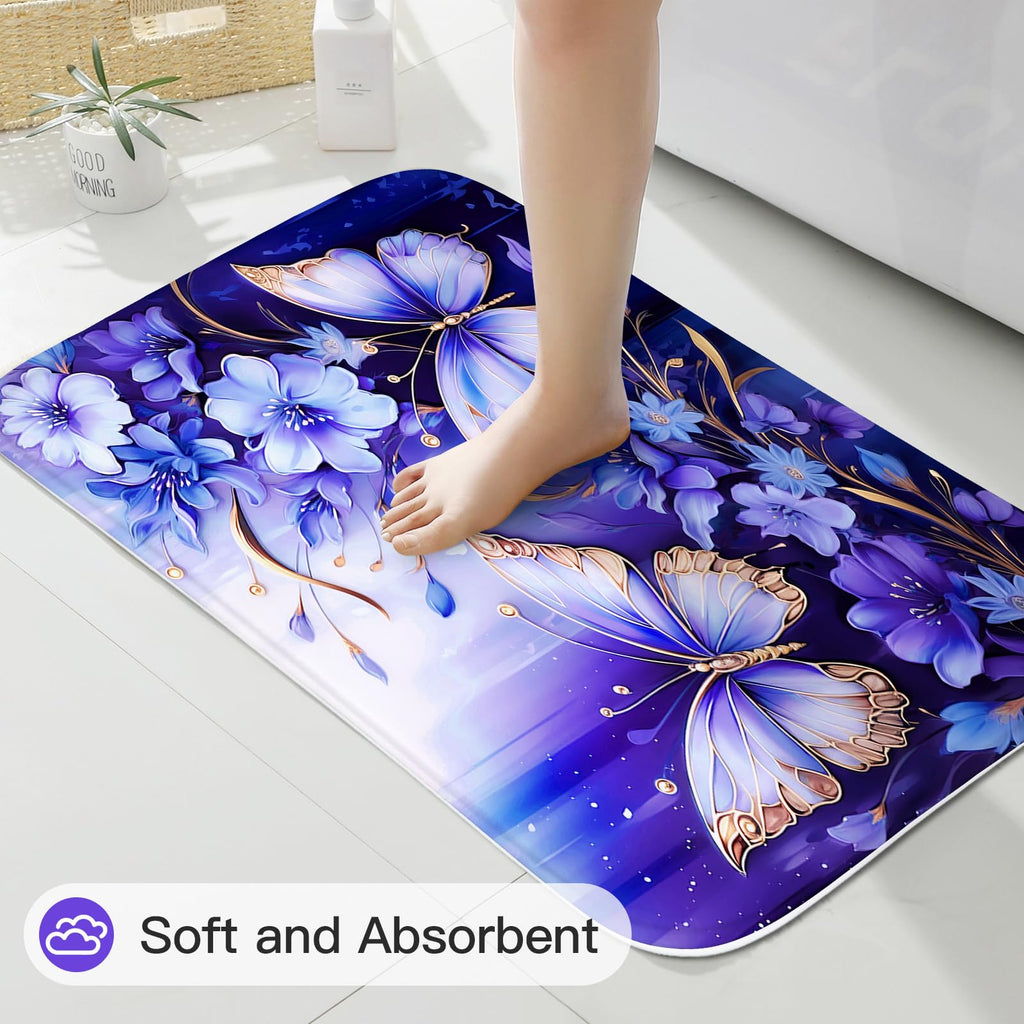 Litabel 4 Pcs Black Floral Butterfly Shower Curtain Set with Non-Slip Rugs, White Gold Modern Toilet Lid Cover and Bath Mat, Elegant Bathroom Decor Set (Hooks Not Included)