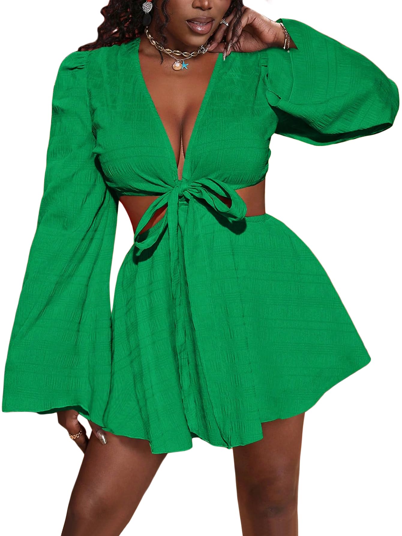BEAUDRM Women's Tropical Dresses Summer Dress Vacation Beach Sundresses Sexy Long Bell Sleeve Two Piece Vacation Outfits