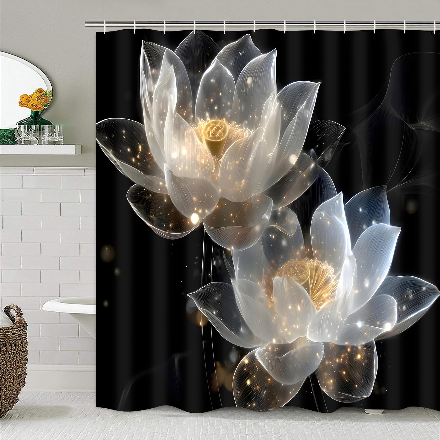 AZHM 4PCS Lotus Shower Curtain Set Black and Gold Flower Bathroom Decor Sets with Shower Curtain and Rugs and Accessories with 12 Hooks for Toilet