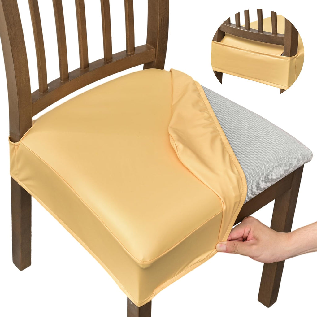 NILUOH Waterproof Seat Covers for Dining Room Chairs Set of 6, Pu Leather Chair Seat Slipcovers Dining Chair Cover Removable Washable Chair Protctor Cover, Rear Covers (PU-Coffee)