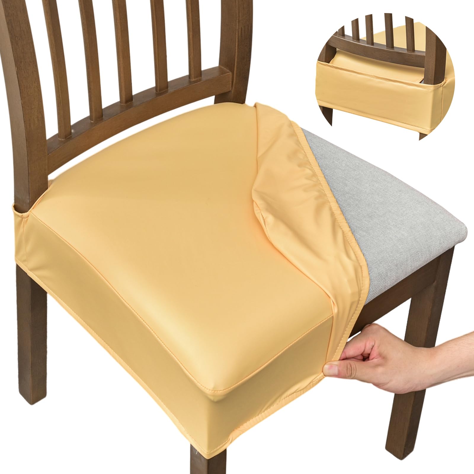 NILUOH Waterproof Seat Covers for Dining Room Chairs Set of 6, Pu Leather Chair Seat Slipcovers Dining Chair Cover Removable Washable Chair Protctor Cover, Rear Covers (PU-Coffee)