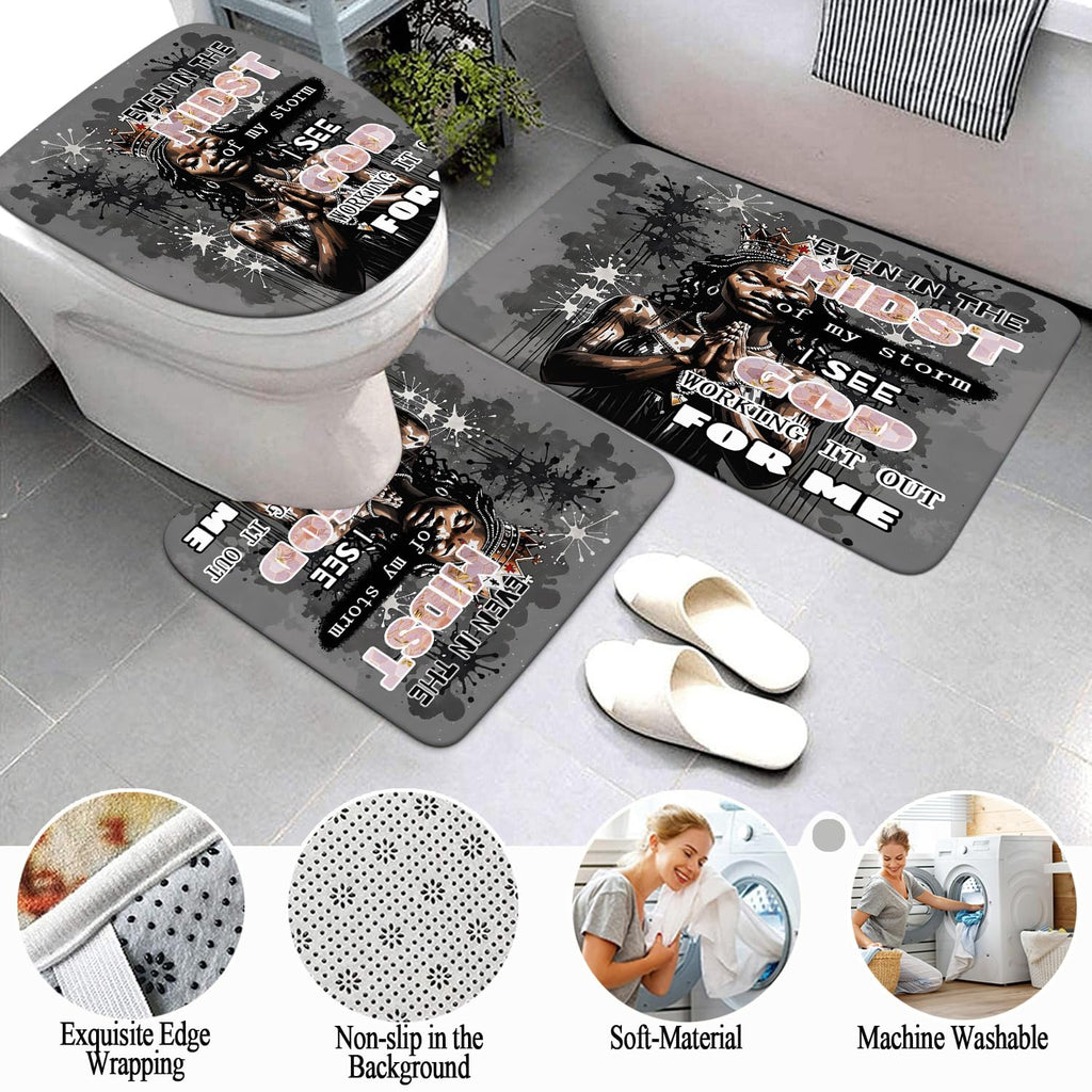 African American Shower Curtain Sets for Bathroom, Black Praying King Bathroom Sets with Waterproof Shower Curtain and Non-Slip Rugs Toilet Lid Cover Bath Mat, Cool Unique Man Bathroom Decor Sets