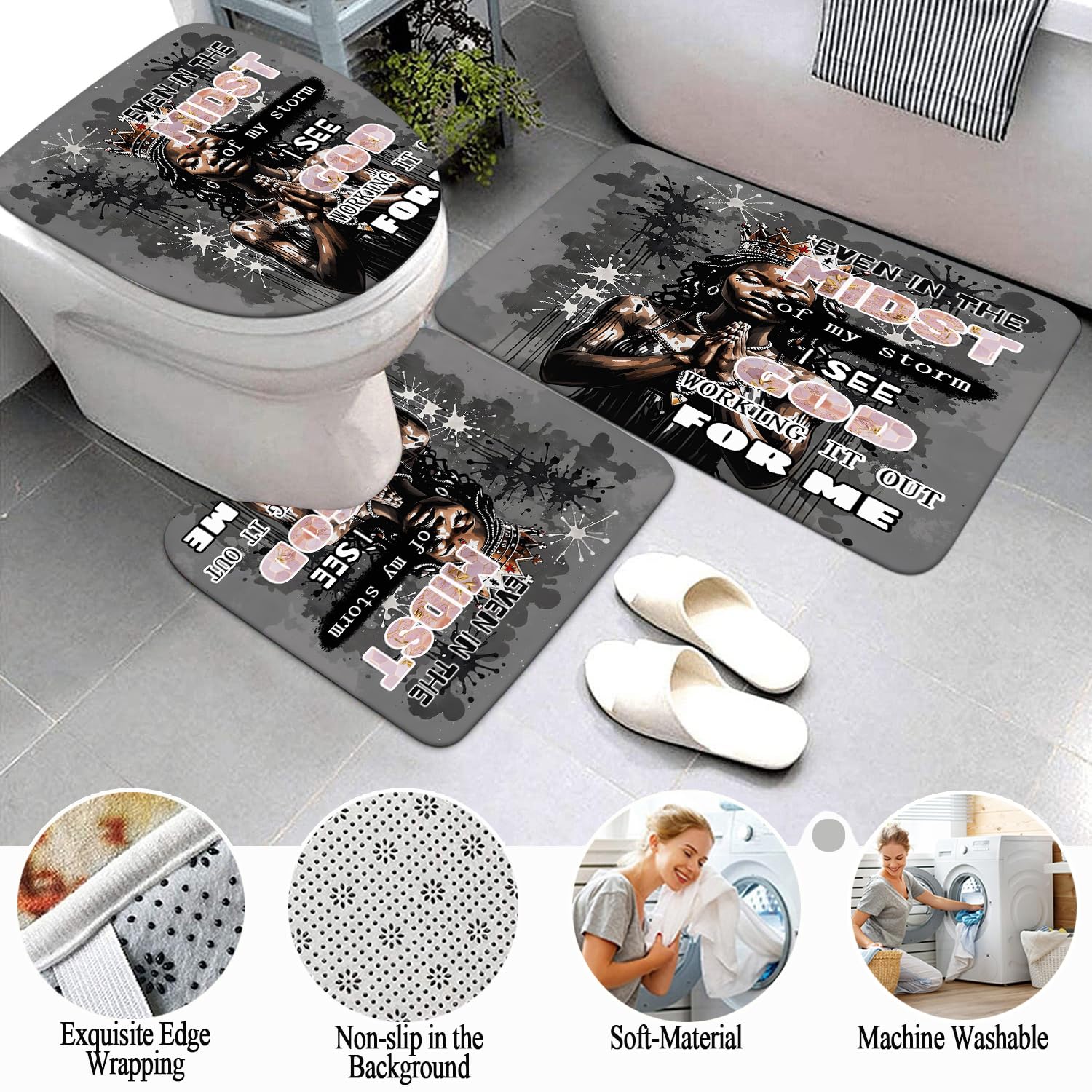 African American Shower Curtain Sets for Bathroom, Black Praying King Bathroom Sets with Waterproof Shower Curtain and Non-Slip Rugs Toilet Lid Cover Bath Mat, Cool Unique Man Bathroom Decor Sets