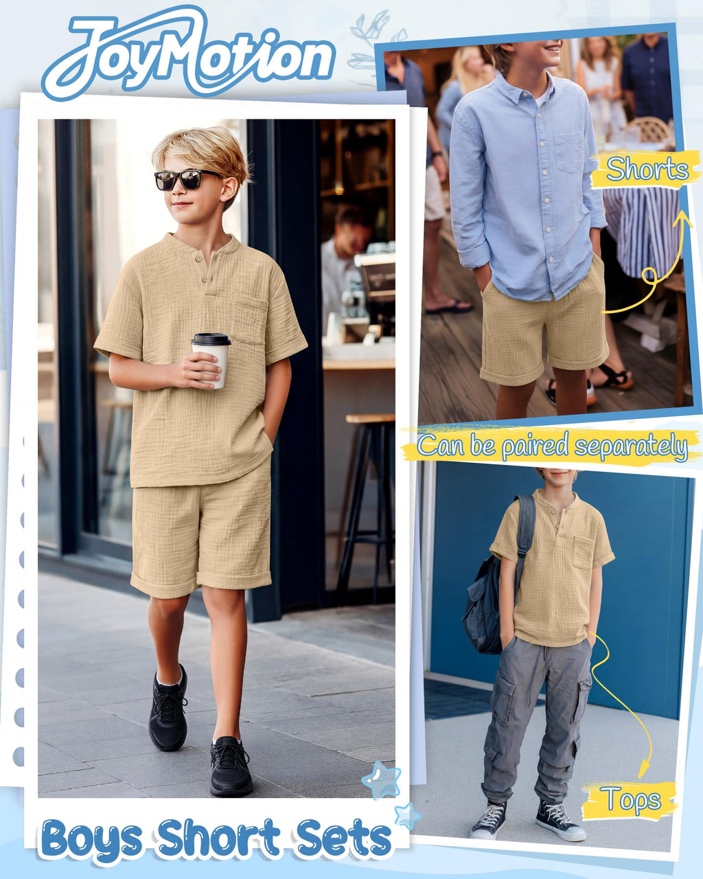 Boys 2 Piece Cotton Outfits 5-14Y Short Sleeve Button Down Shirt Shorts Pockets Summer Clothes Henley Casual Set