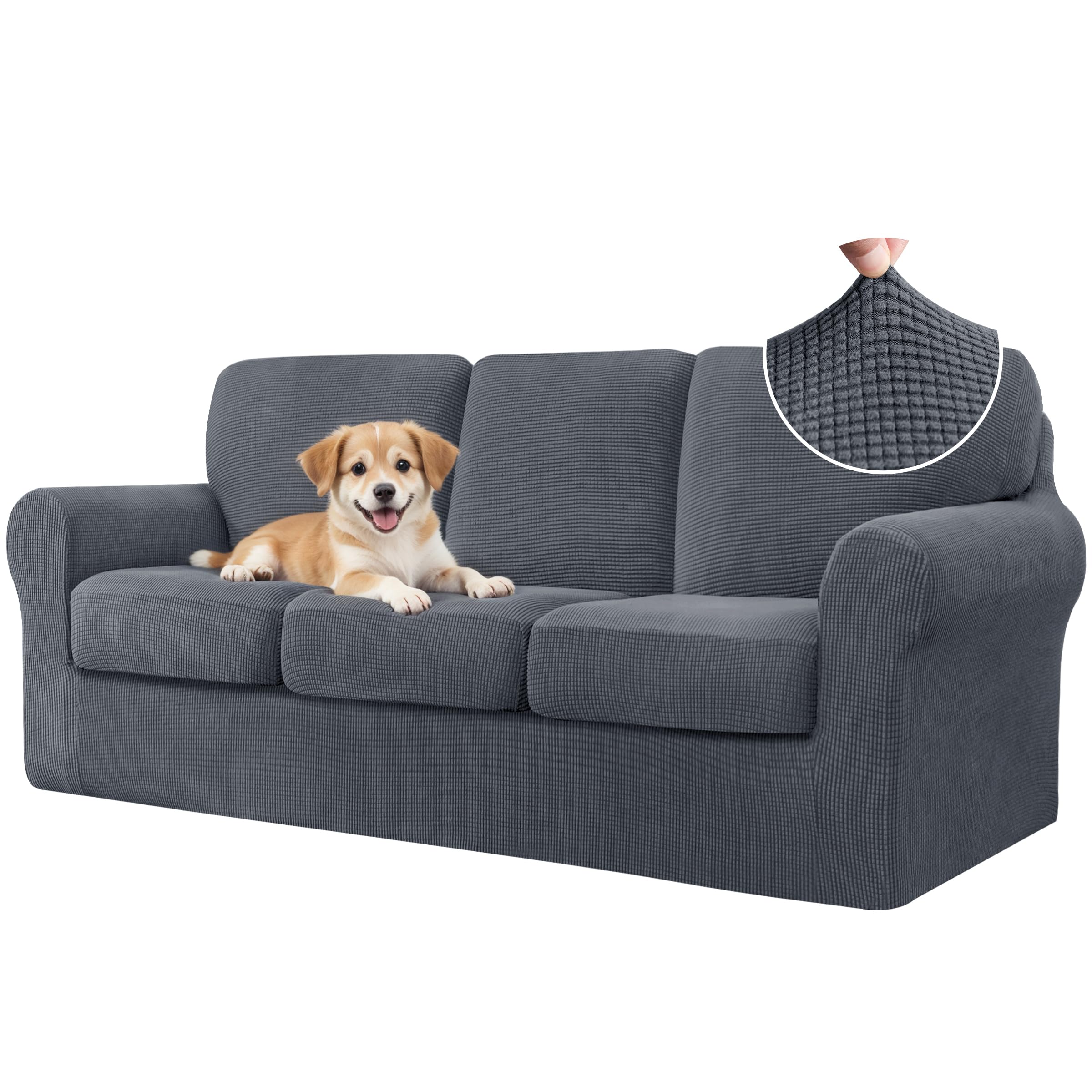 CHUN YI 7 Piece Couch Covers Sofa Covers Washable, Stretch Sofa Slipcovers for 3 Cushion Couch with Seperate Backrest and Cushion Covers, Anti Slip Furniture Protector for Dogs Pets (Large, Grey)