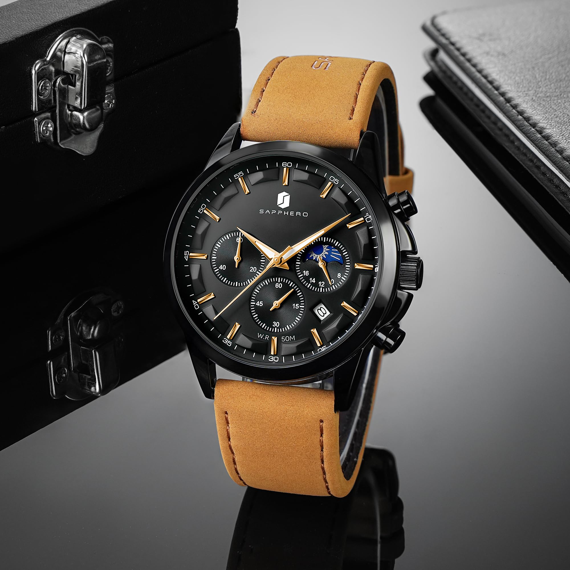 SAPPHERO Chronograph Watches for Men, Original Business Casual Stainless Steel Analog Watch 50M Waterproof Luminous Watches with Date Dial, Mens Gift