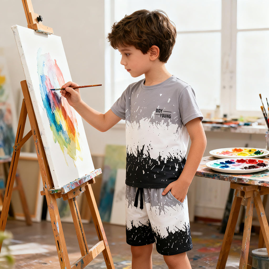 Kids Tween Boy Casual Clothing Set Letter Graphic Colorblock Tee +Shorts Summer Clothing Set 4-14 Years