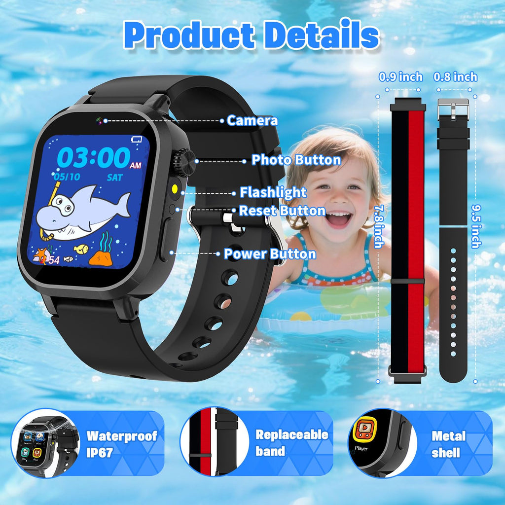 Wiszodet Kids Waterproof Smart Watch Boys Gift Age 3-12 with 39 Game HD Touch Screen Music Player Video Camera Pedometer Alarm Clock Birthday Gift for 6 7 8 9 Year Olds Blue