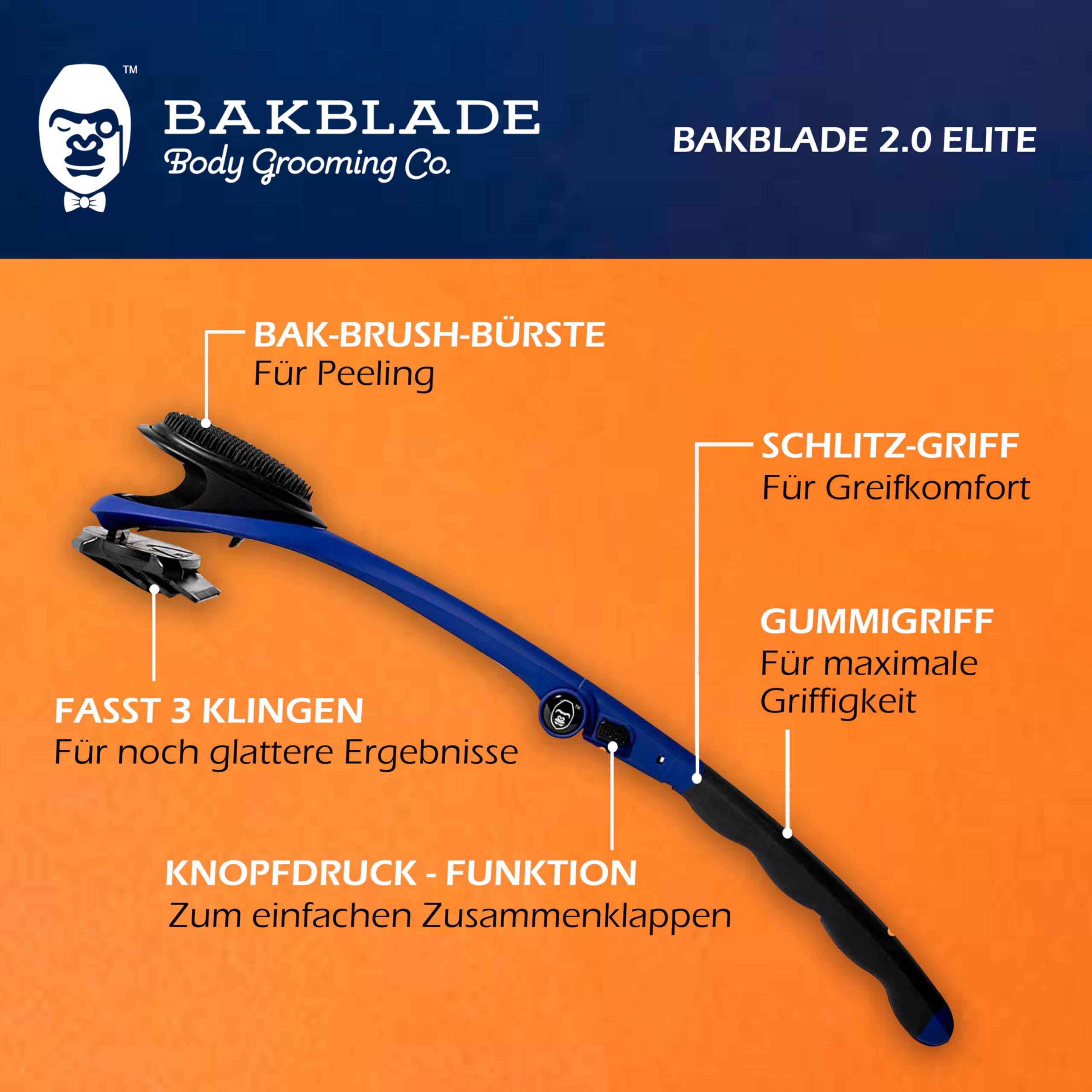 baKblade 2.0 PLUS - Back Shaver for Men (DIY), Ergonomic Handle, Shave Wet or Dry (Extra Blades Included)