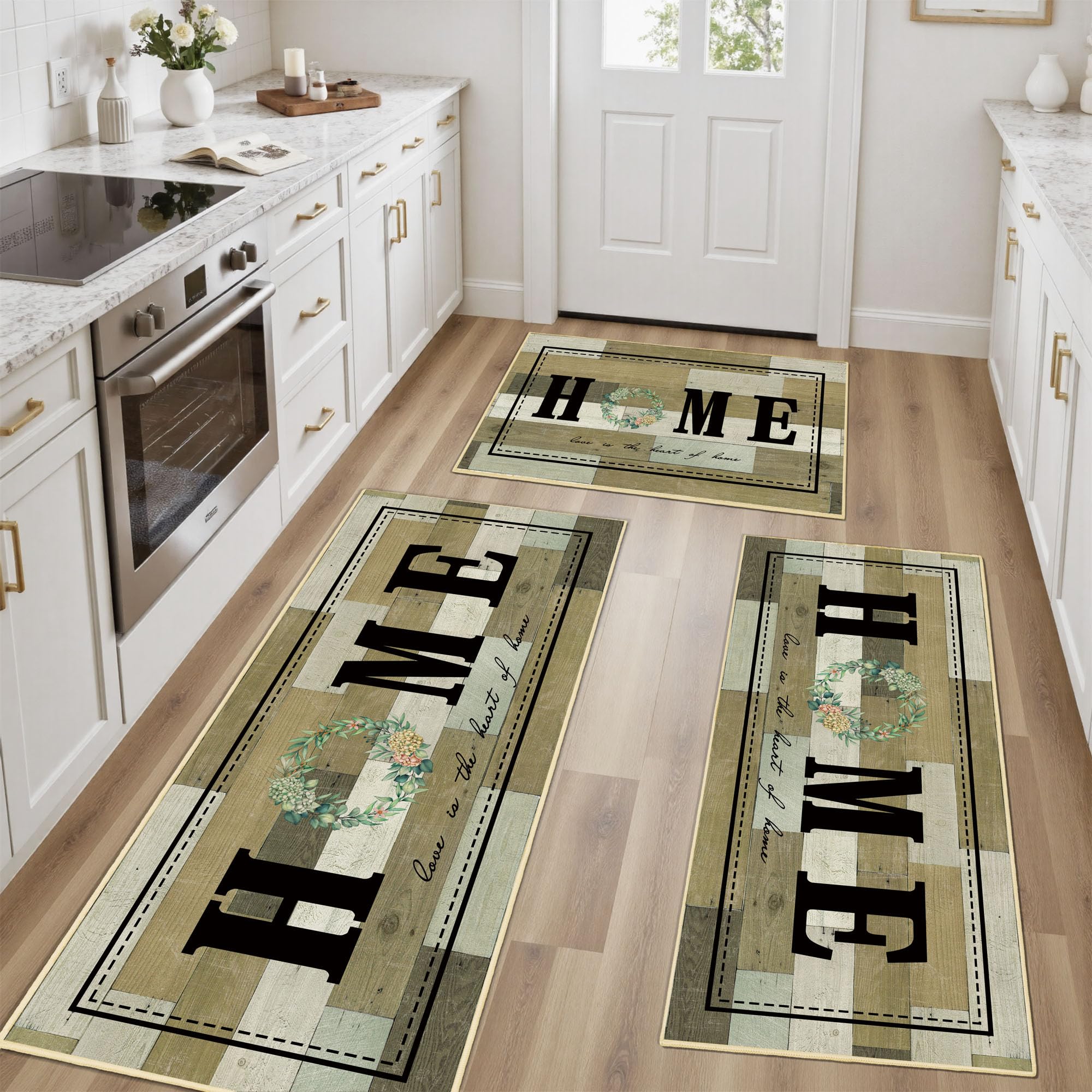 Tritard 100% Non Slip Kitchen Mats for Floor Washable Kitchen Rugs Sets of 3 Farmhouse Kitchen Runner Rug Soft Rustic Kitchen Floor Carpet for Hallway, Laundry, Sink, Office, Brown