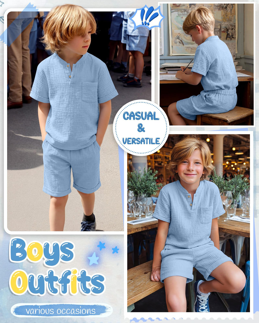 Boys 2 Piece Cotton Outfits 5-14Y Short Sleeve Button Down Shirt Shorts Pockets Summer Clothes Henley Casual Set