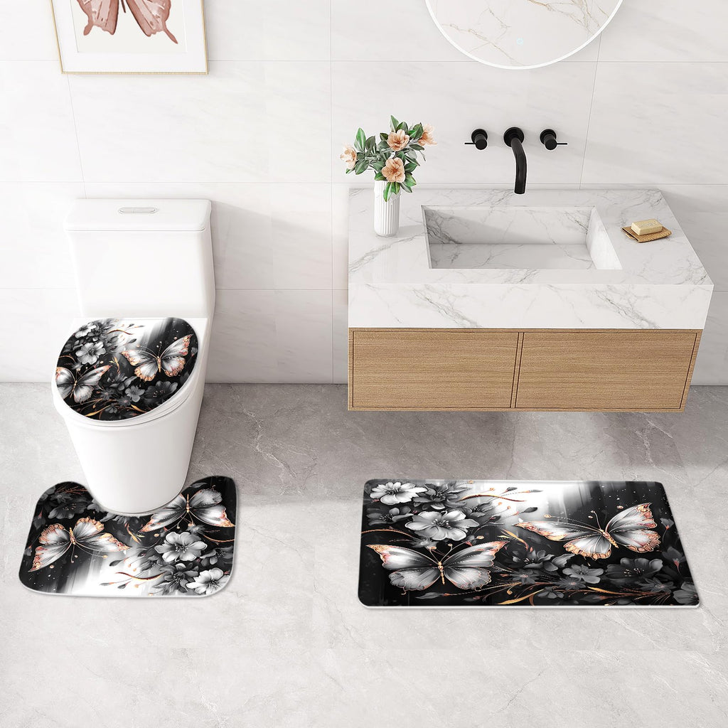 Litabel 4 Pcs Black Floral Butterfly Shower Curtain Set with Non-Slip Rugs, White Gold Modern Toilet Lid Cover and Bath Mat, Elegant Bathroom Decor Set (Hooks Not Included)